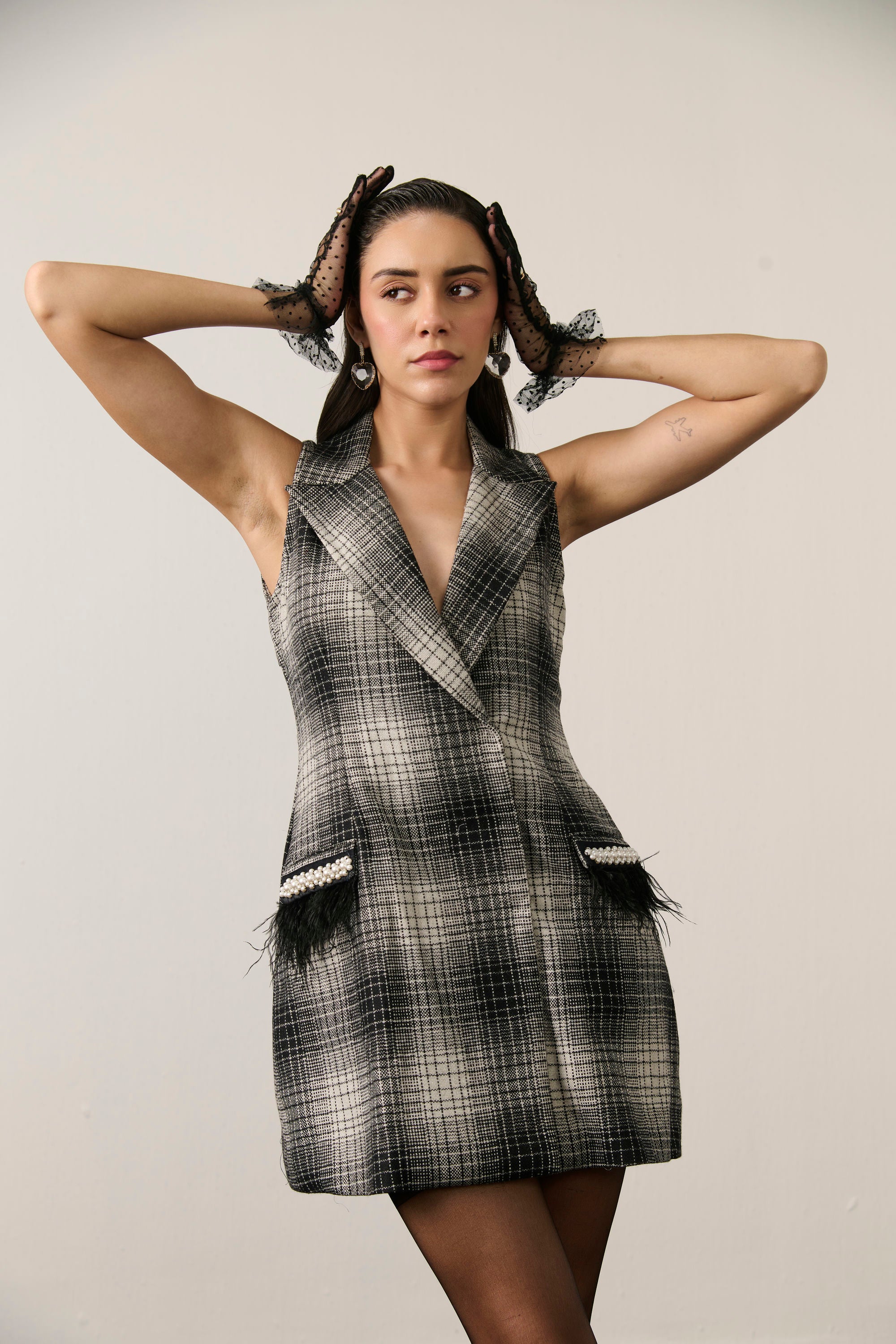 GREY EMBELLISHED BLAZER DRESS