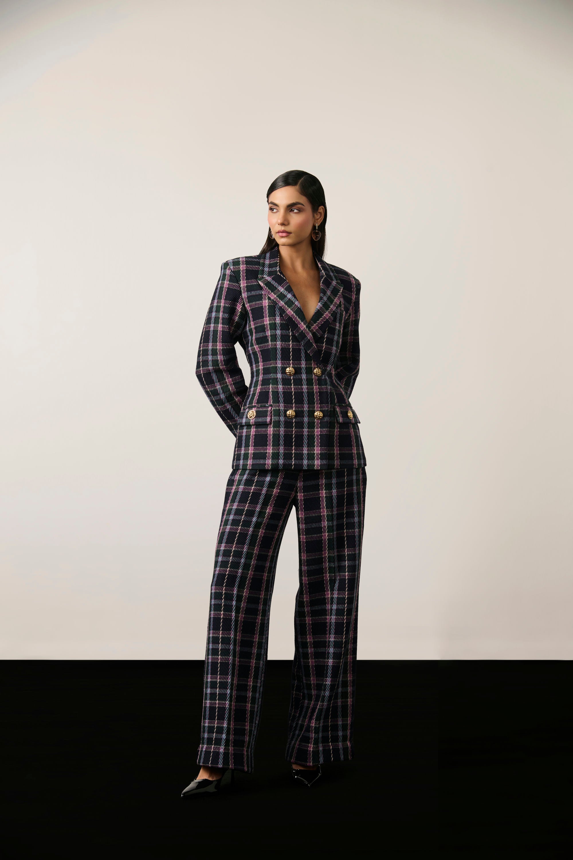 NAVY CHECKERED BLAZER SET