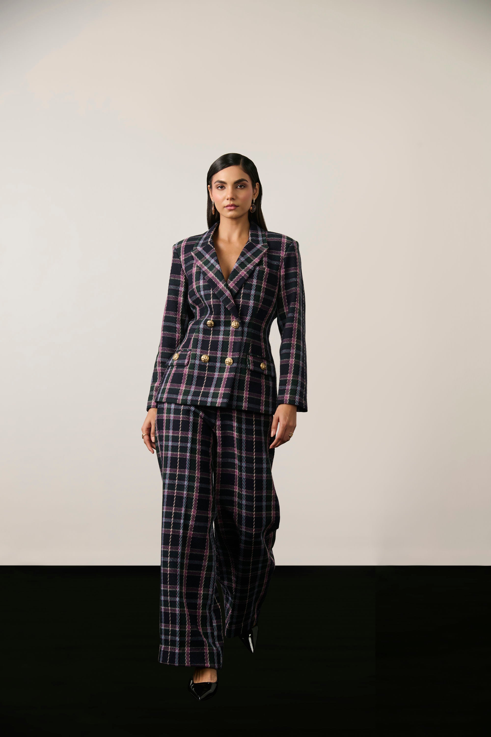 NAVY CHECKERED BLAZER SET