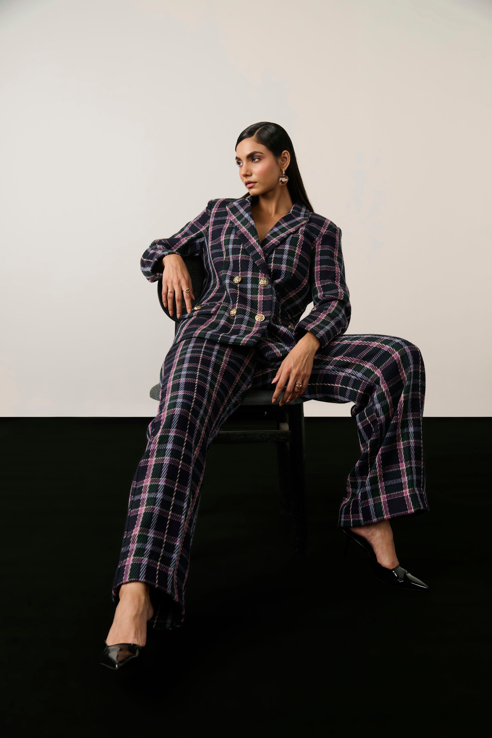 NAVY CHECKERED BLAZER SET