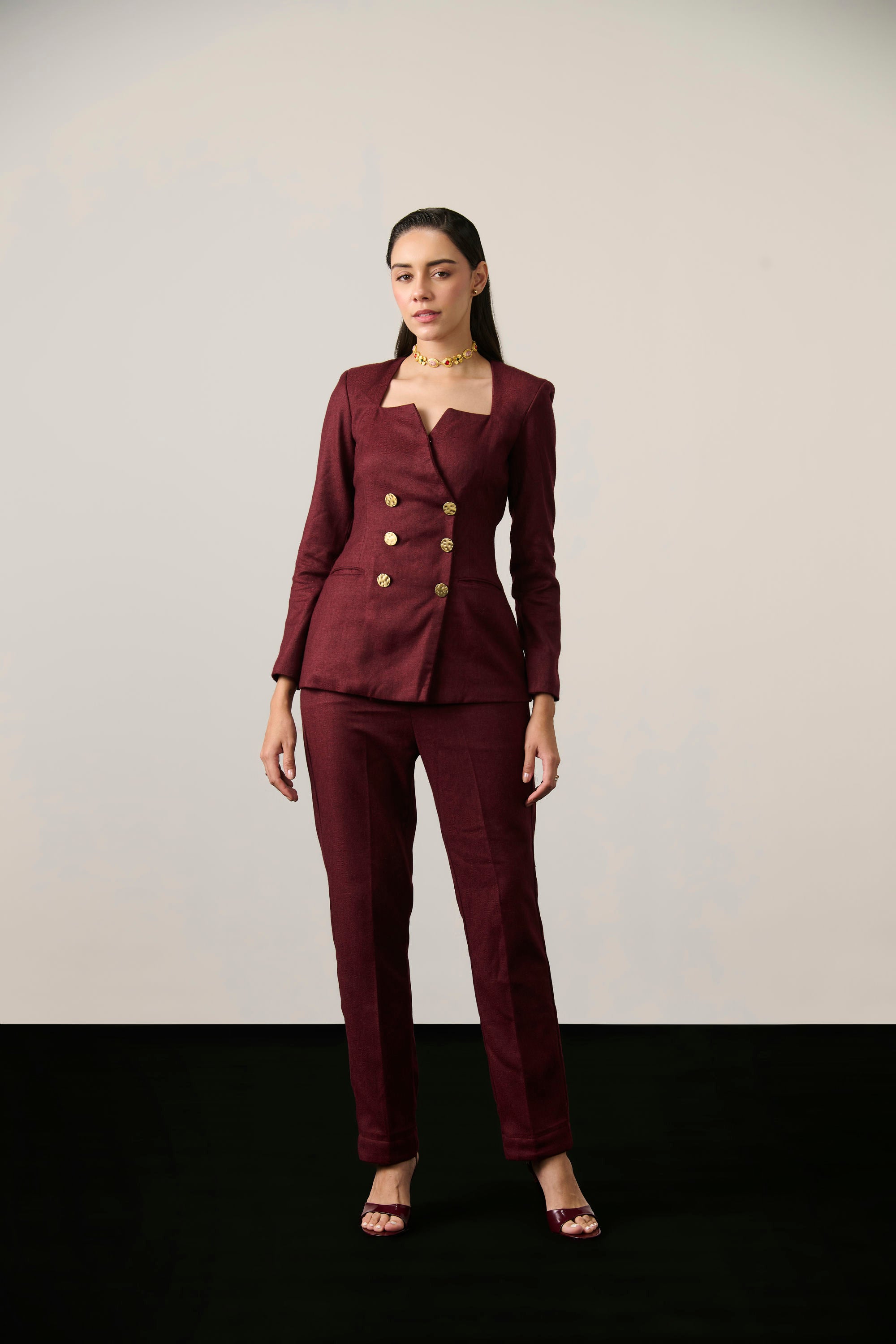 MAROON DOUBLE BREAST BLAZER SET