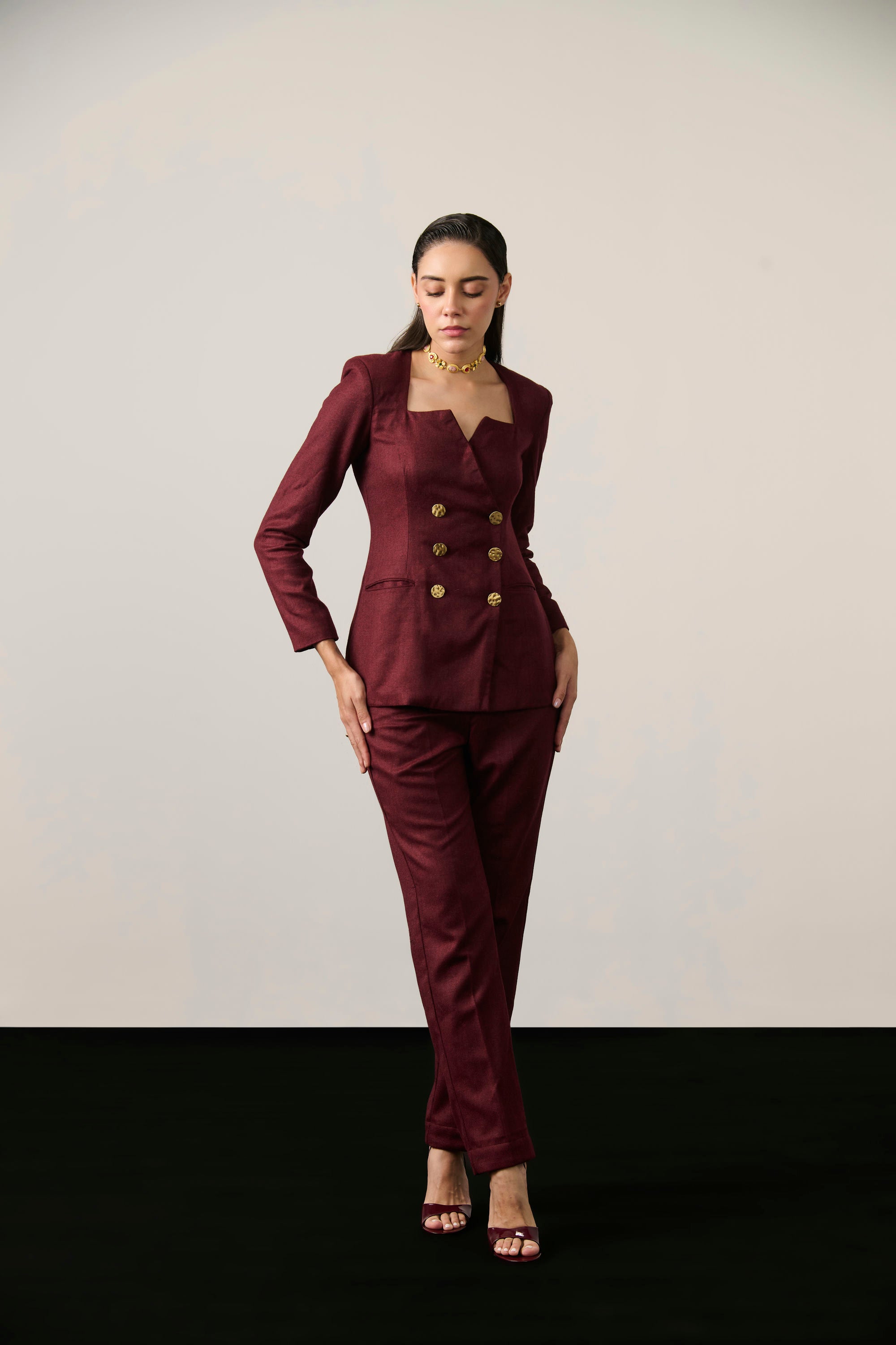 MAROON DOUBLE BREAST BLAZER SET