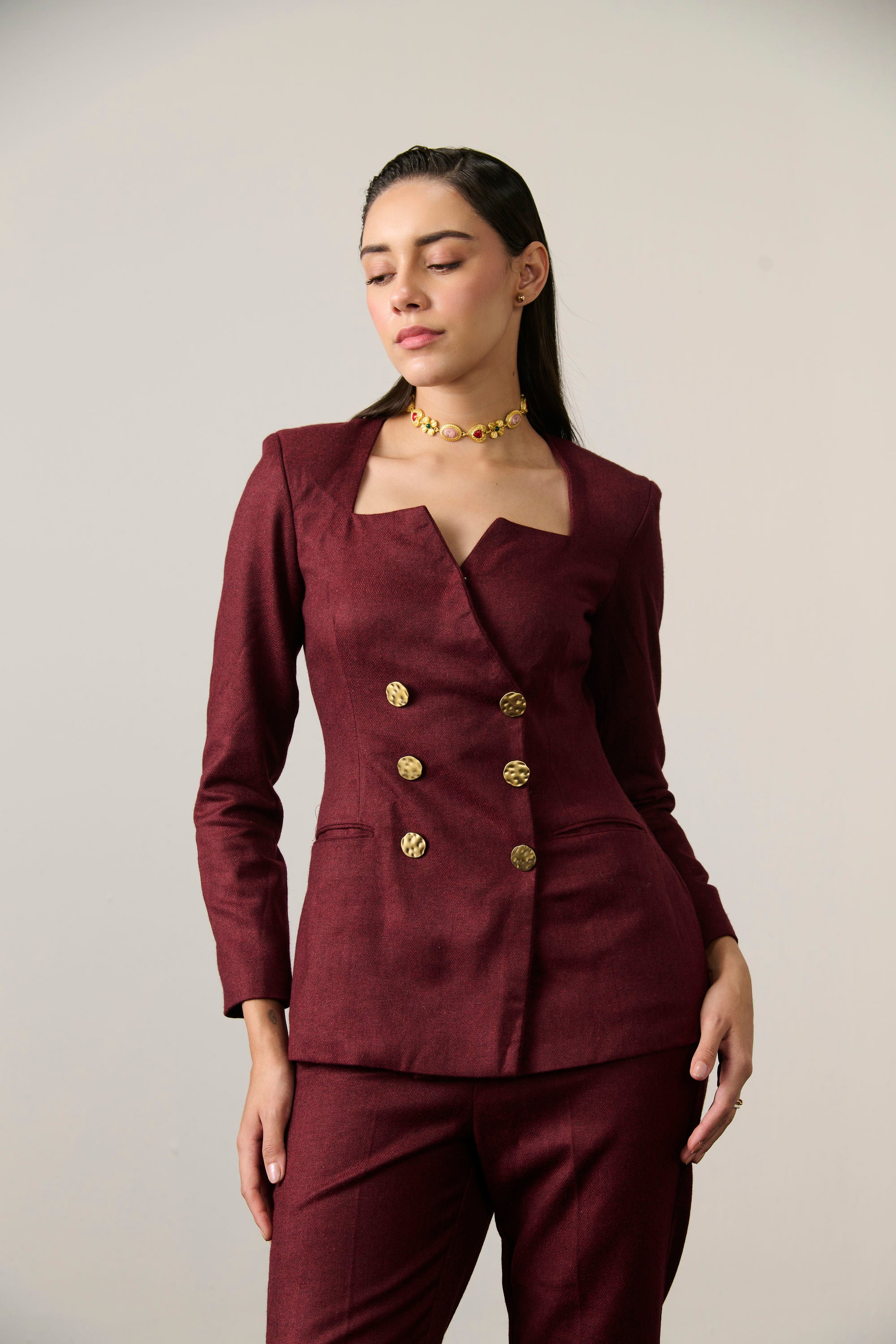 MAROON DOUBLE BREAST BLAZER SET