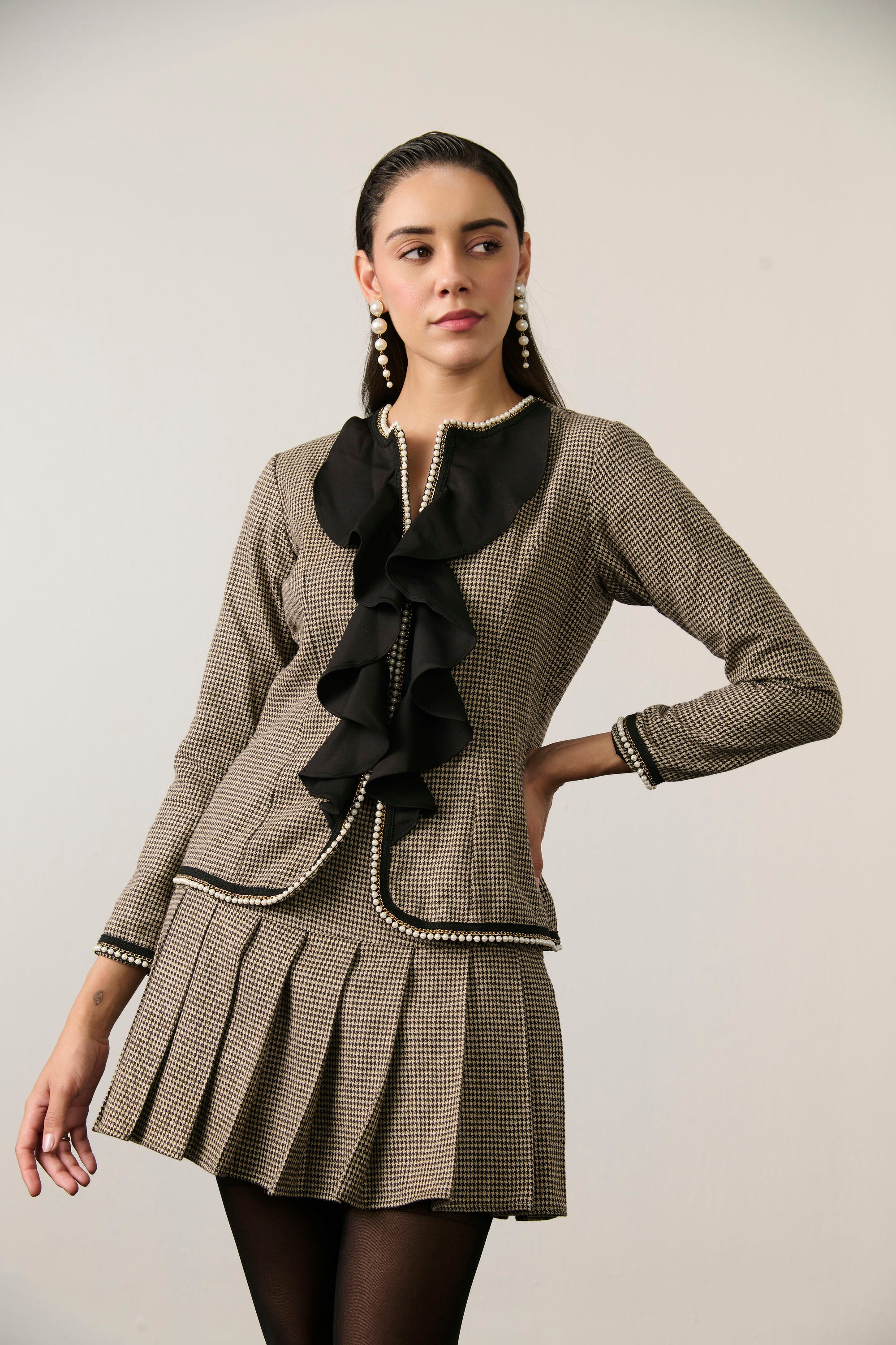 HOUNDSTOOTH RUFFLE JACKET AND SKIRT SET