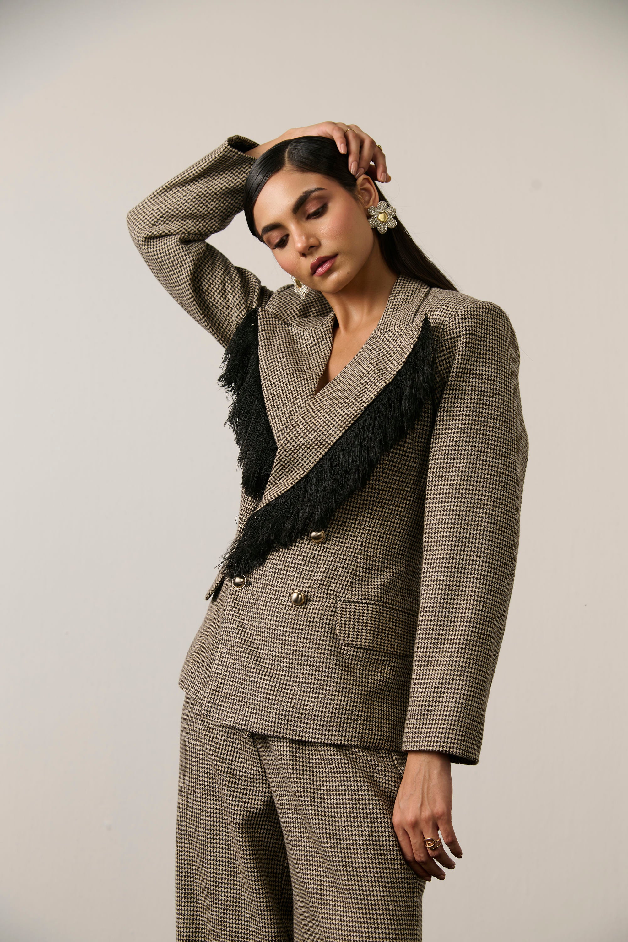 HOUNDSTOOTH FRINGE BLAZER SET