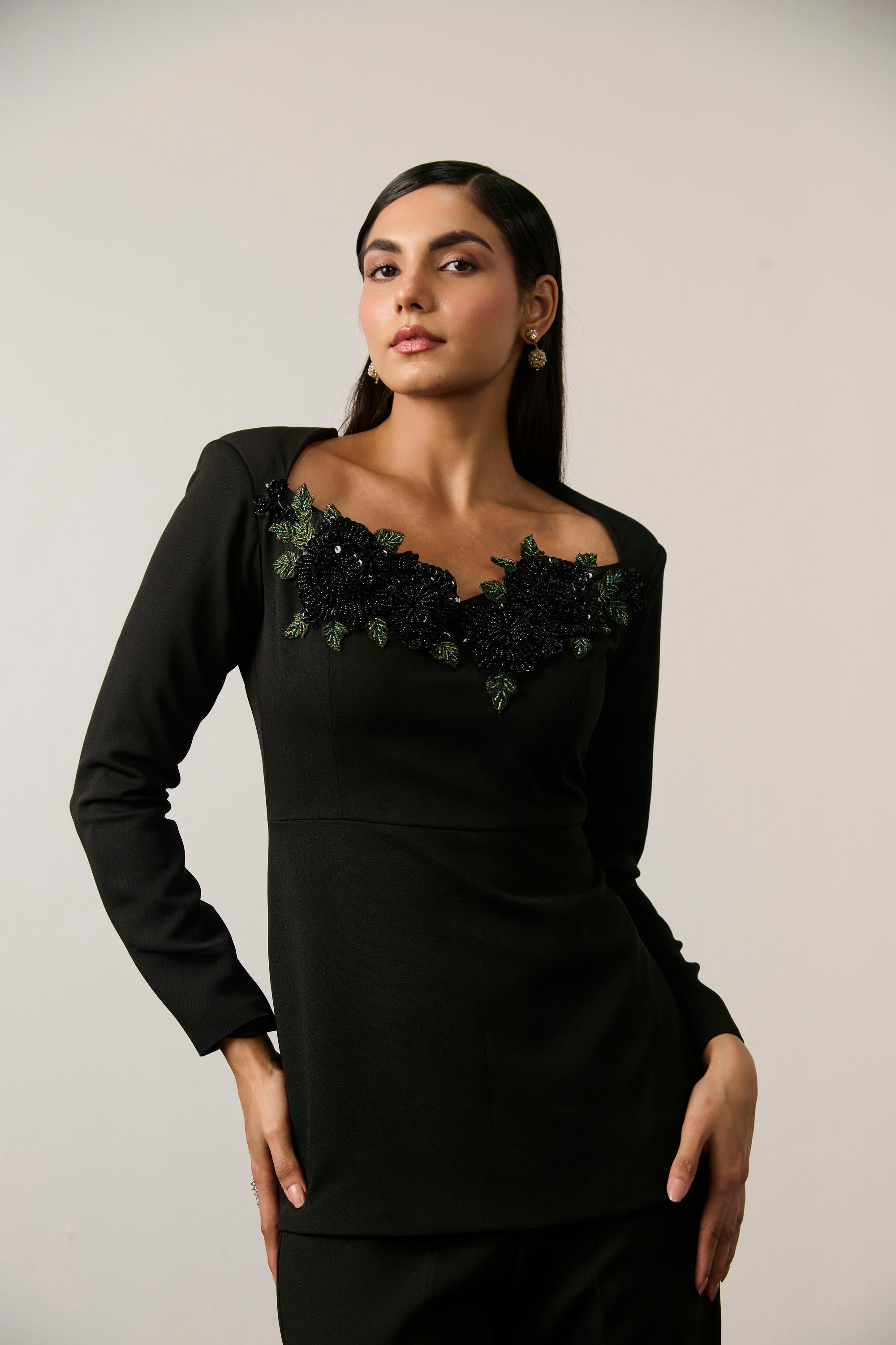 BLACK EMBELLISHED FLOWER CO-ORD SET