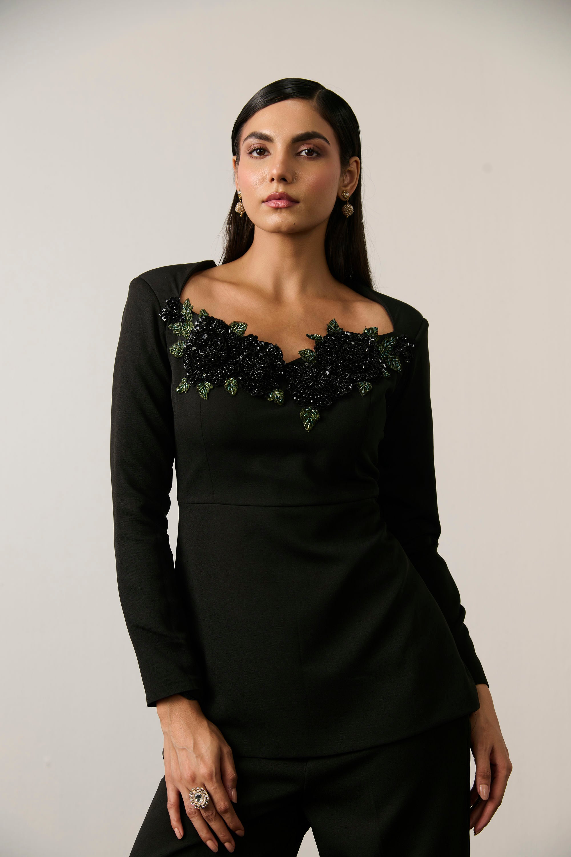 BLACK EMBELLISHED FLOWER CO-ORD SET