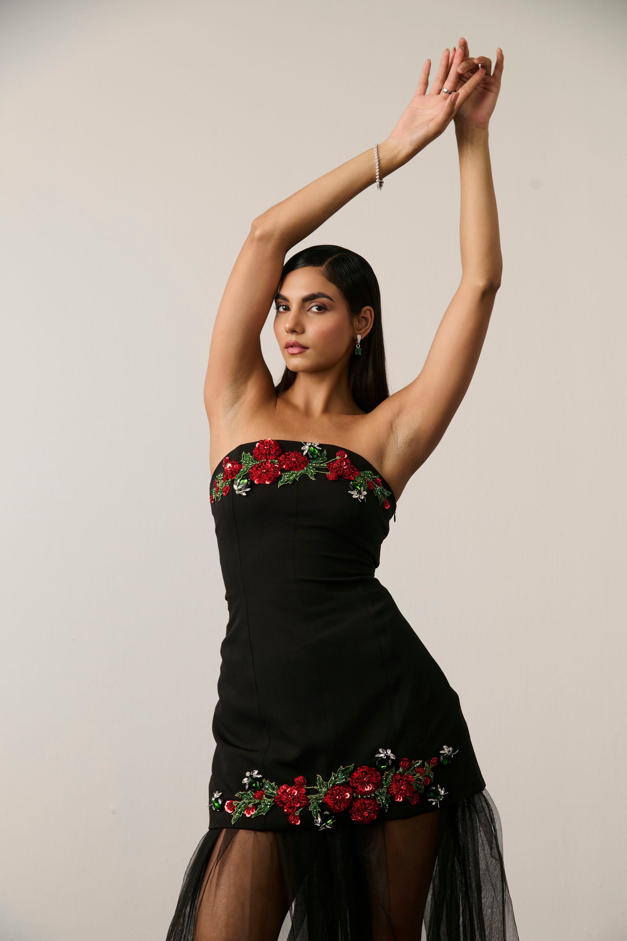 BLACK EMBELLISHED DRESS AND SKIRT SET