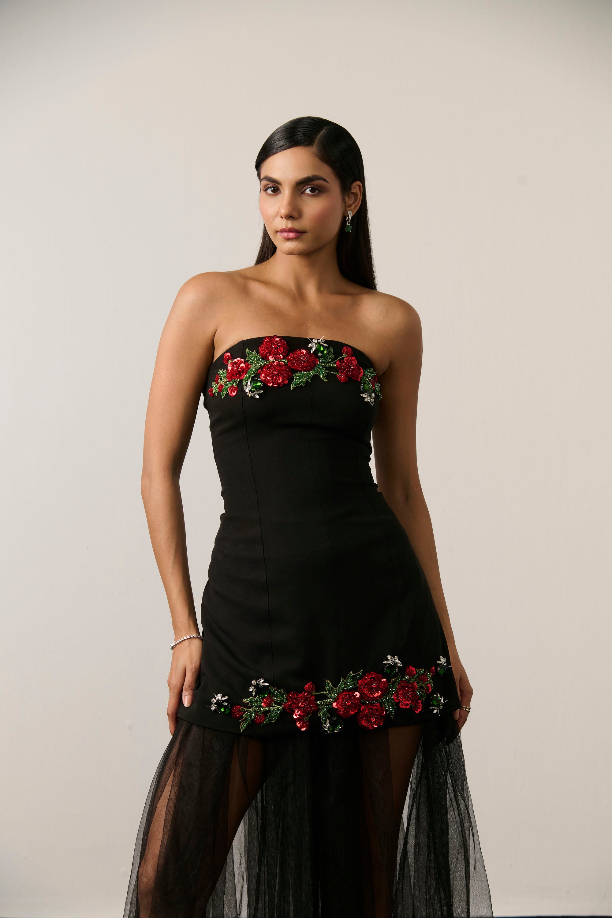 BLACK EMBELLISHED DRESS AND SKIRT SET