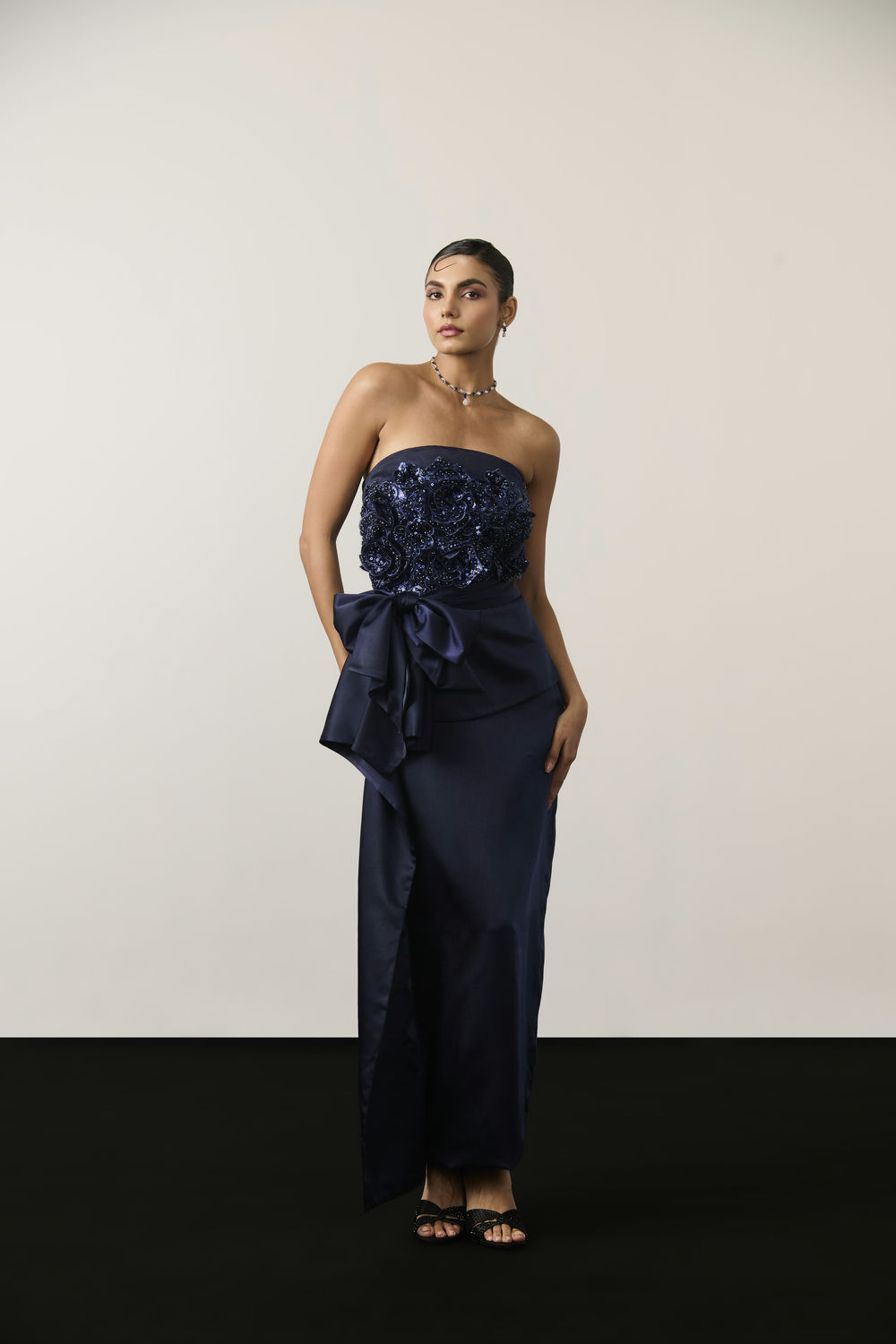 NAVY BLUE EMBELLISHED DRAPE DRESS