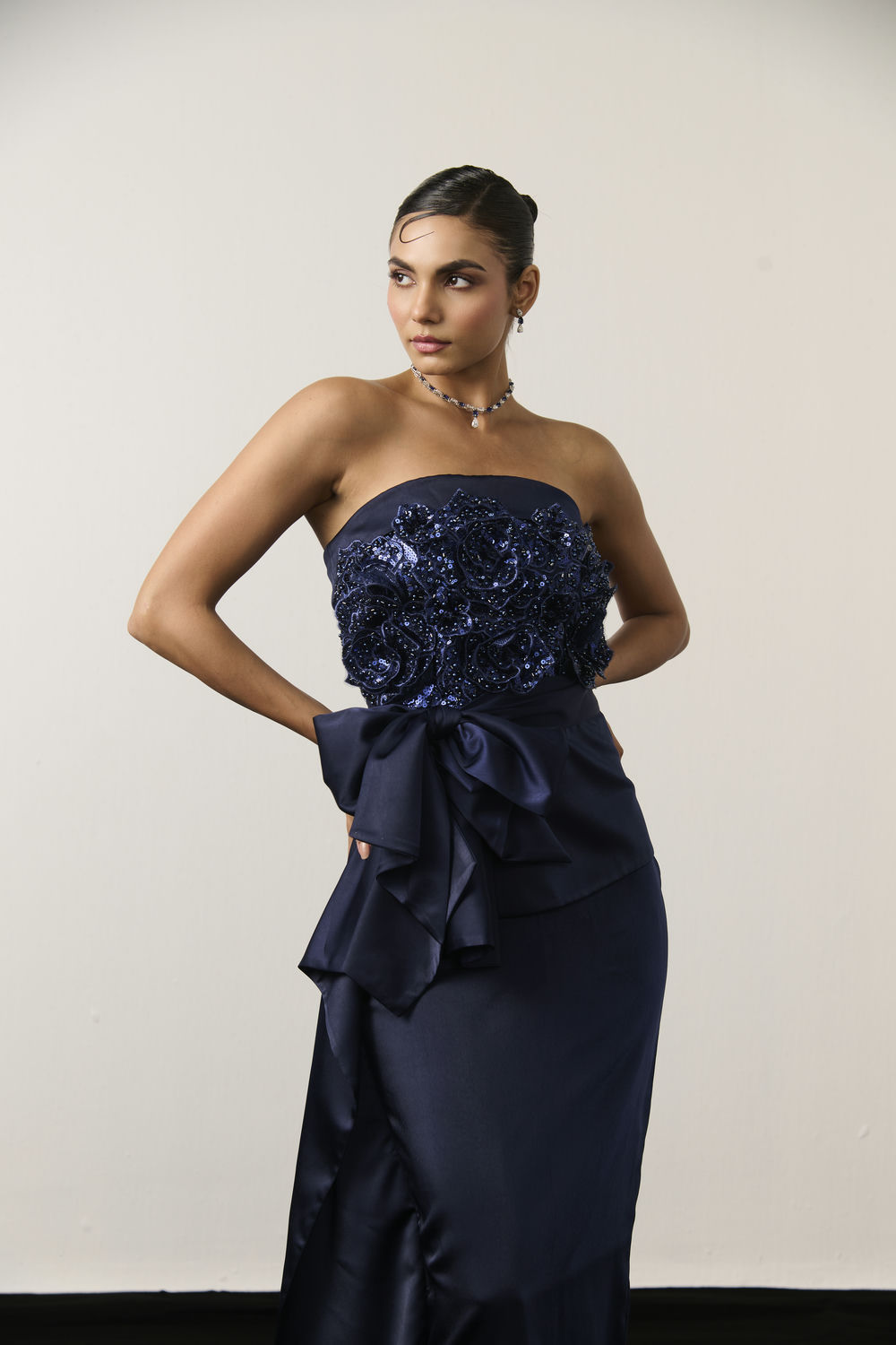 NAVY BLUE EMBELLISHED DRAPE DRESS