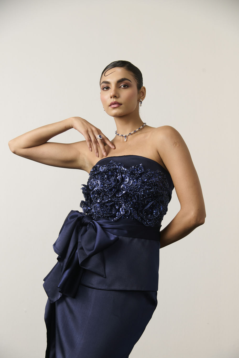 NAVY BLUE EMBELLISHED DRAPE DRESS