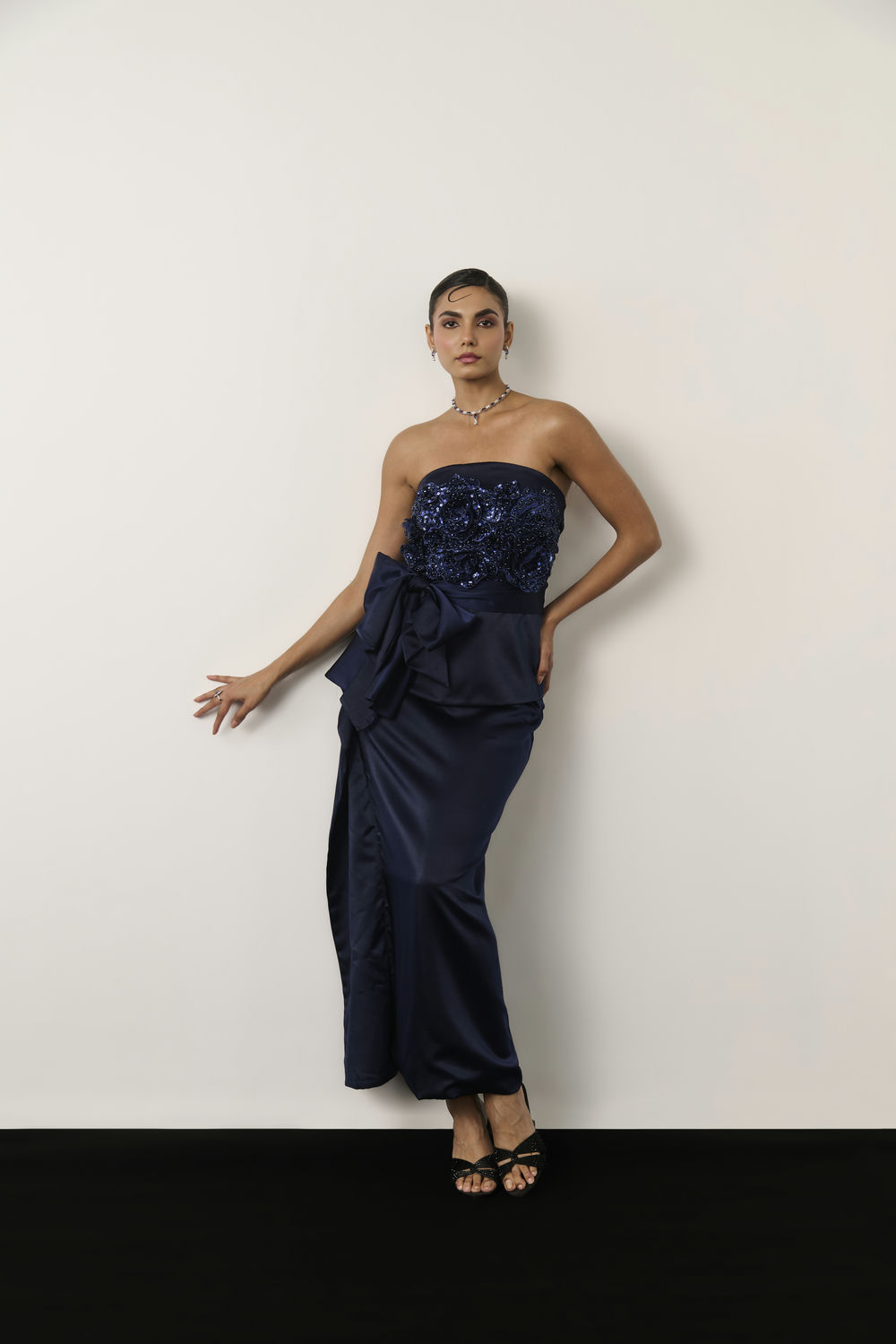 NAVY BLUE EMBELLISHED DRAPE DRESS