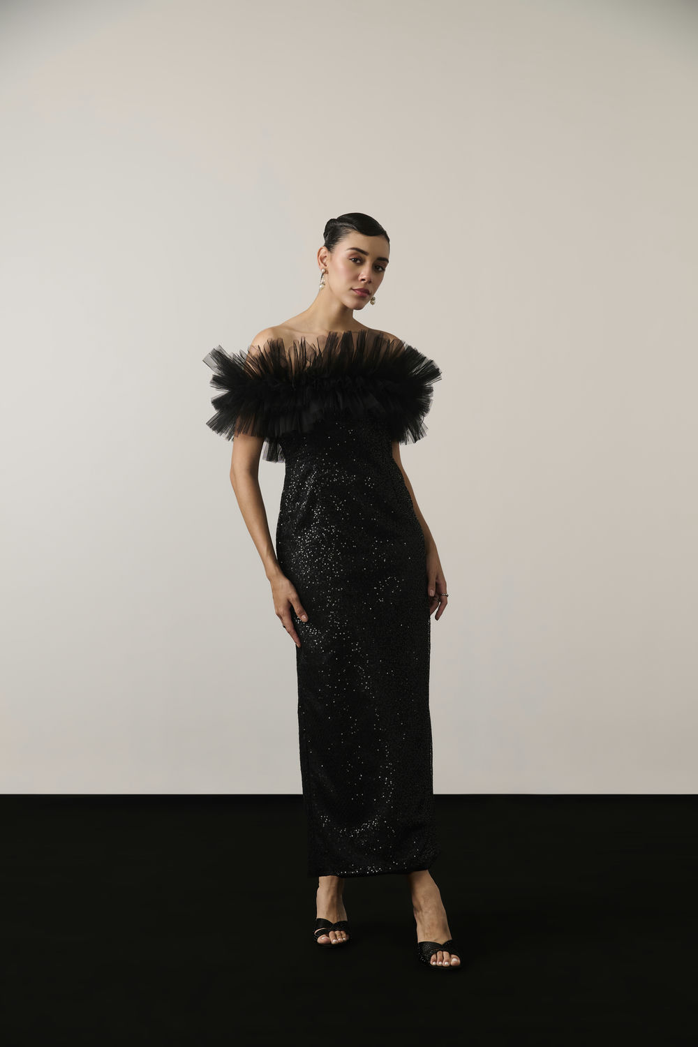 BLACK SEQUIN RUFFLE MIDI