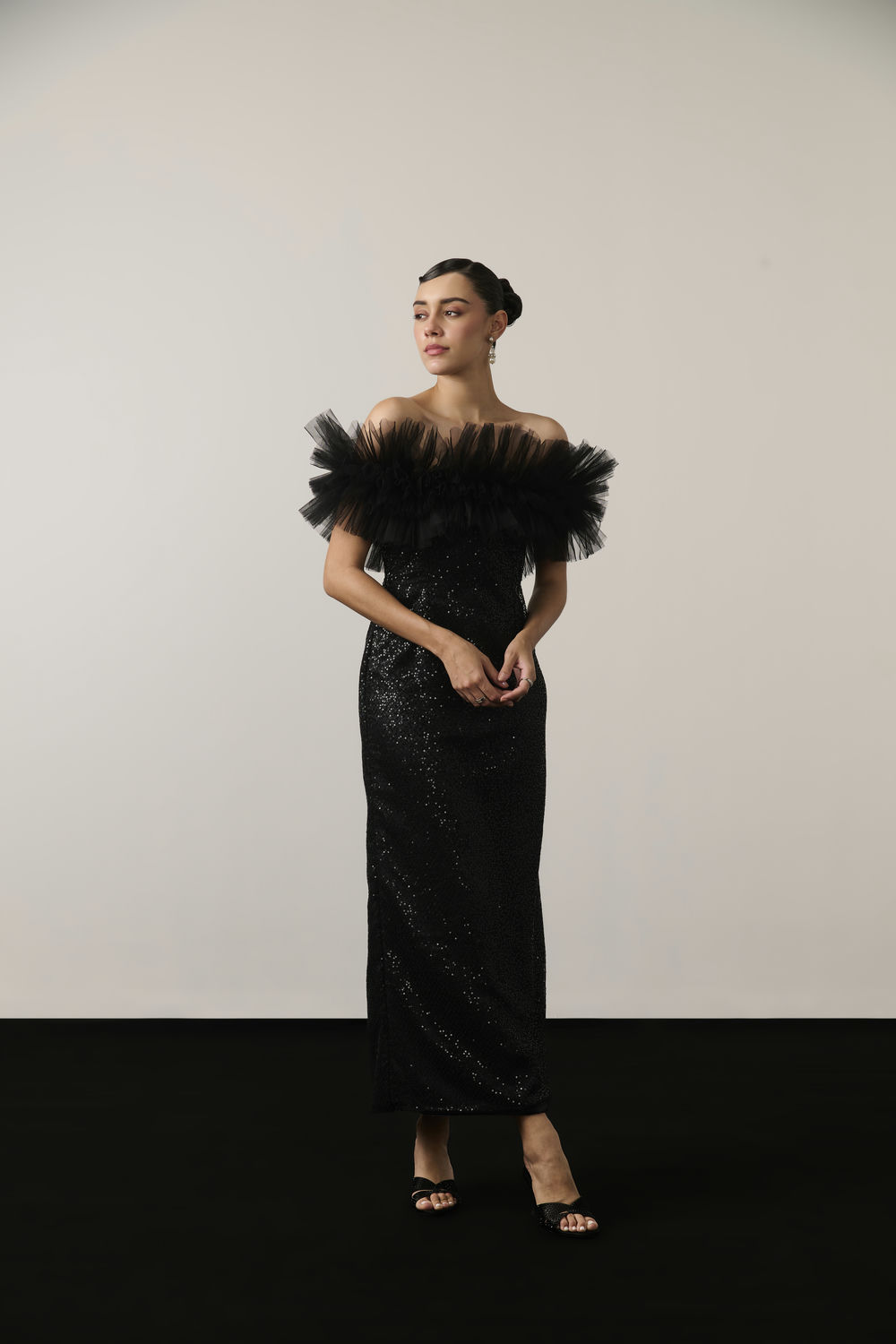 BLACK SEQUIN RUFFLE MIDI