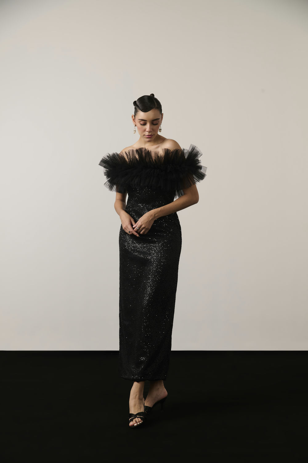 BLACK SEQUIN RUFFLE MIDI