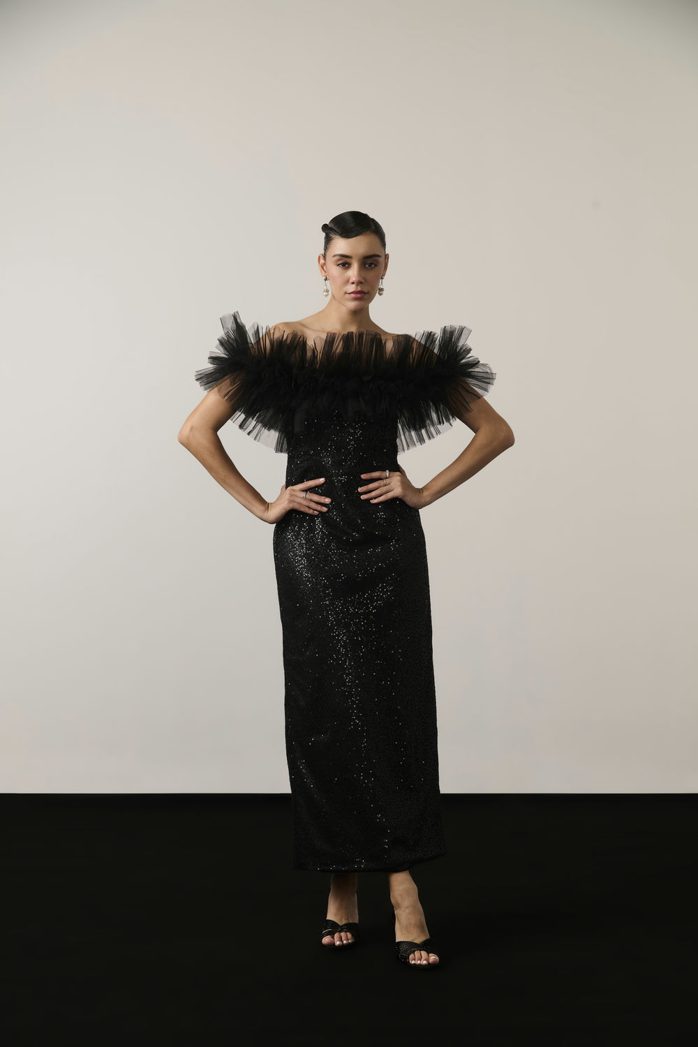 BLACK SEQUIN RUFFLE MIDI