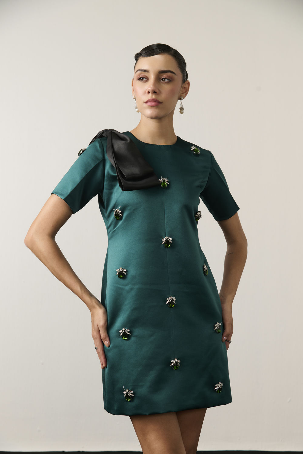 EMERALD AND BLACK BOW DRESS