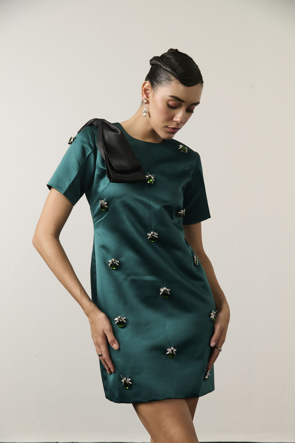 EMERALD AND BLACK BOW DRESS