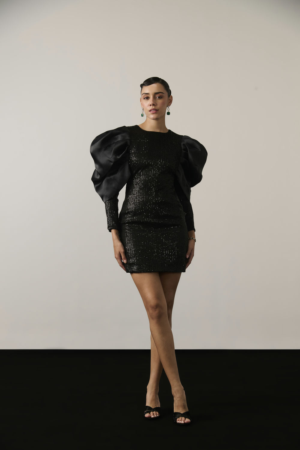 BLACK SEQUIN ORGANZA SLEEVE DRESS