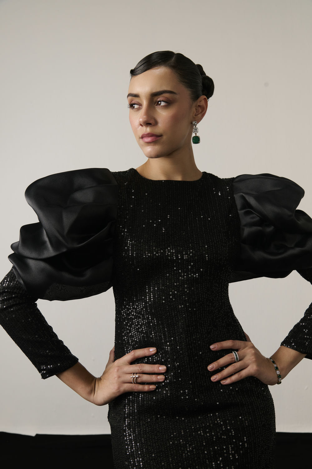 BLACK SEQUIN ORGANZA SLEEVE DRESS