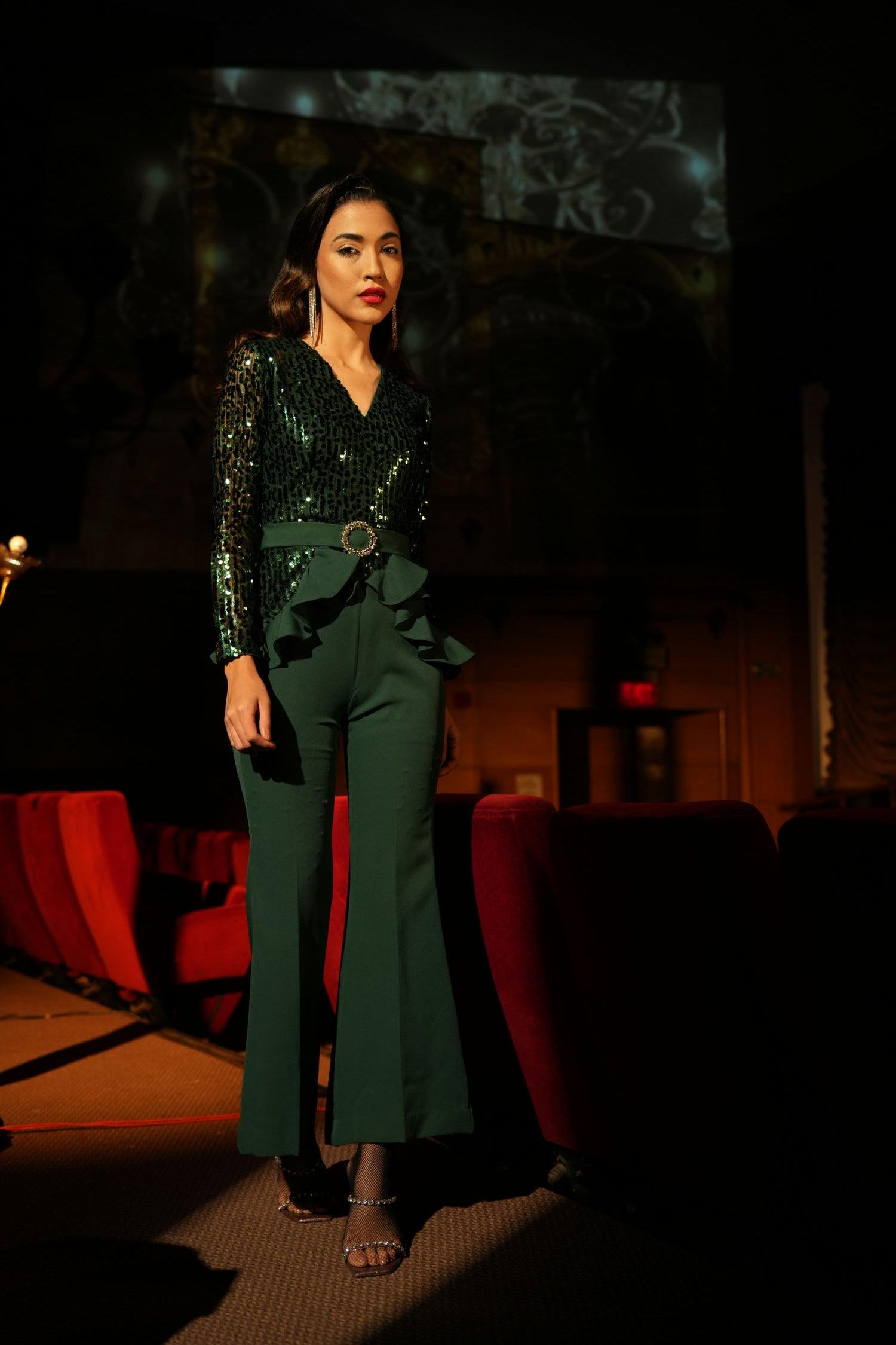 EMERALD SEQUIN RUFFLE JUMPSUIT - LabelIris