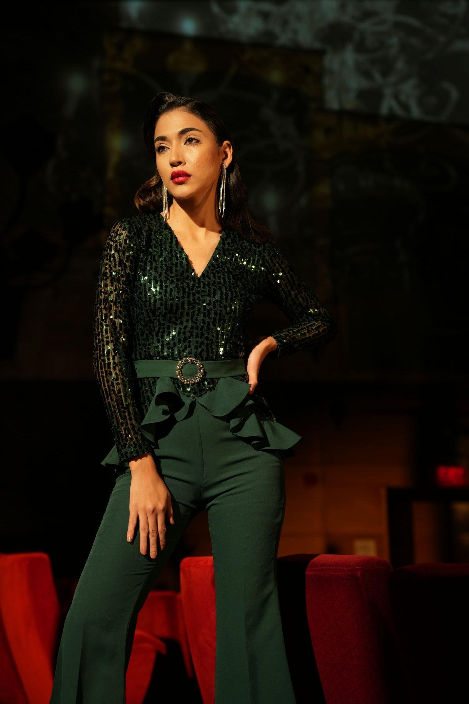EMERALD SEQUIN RUFFLE JUMPSUIT - LabelIris