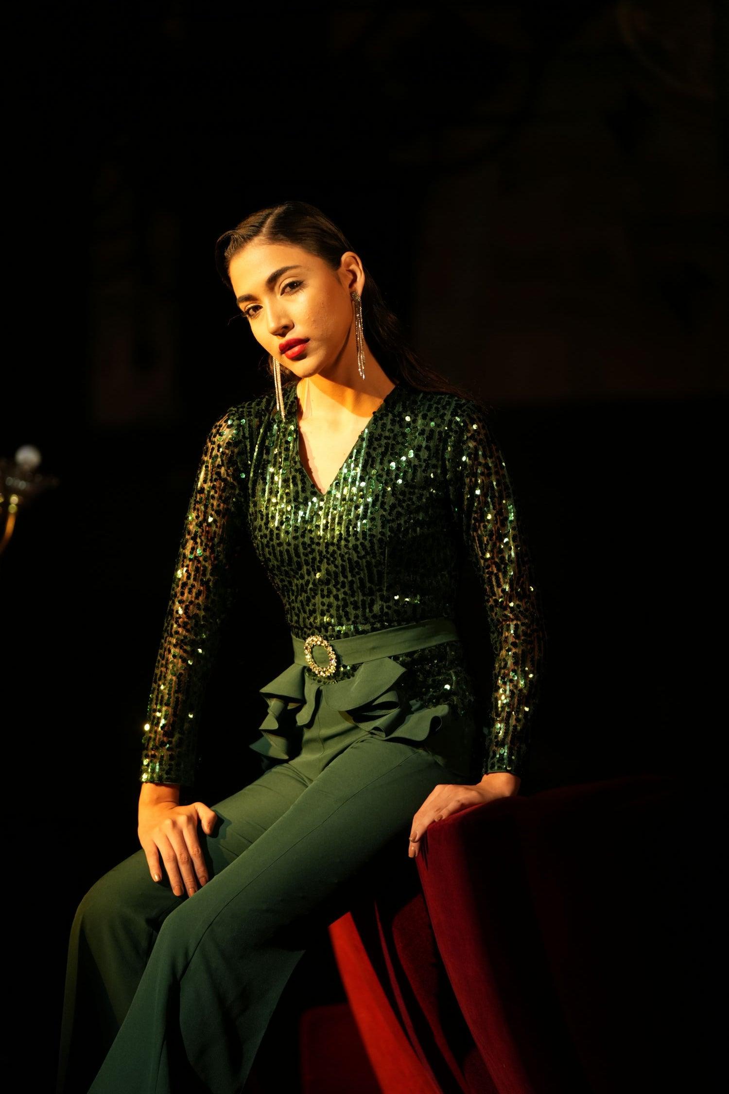 EMERALD SEQUIN RUFFLE JUMPSUIT - LabelIris