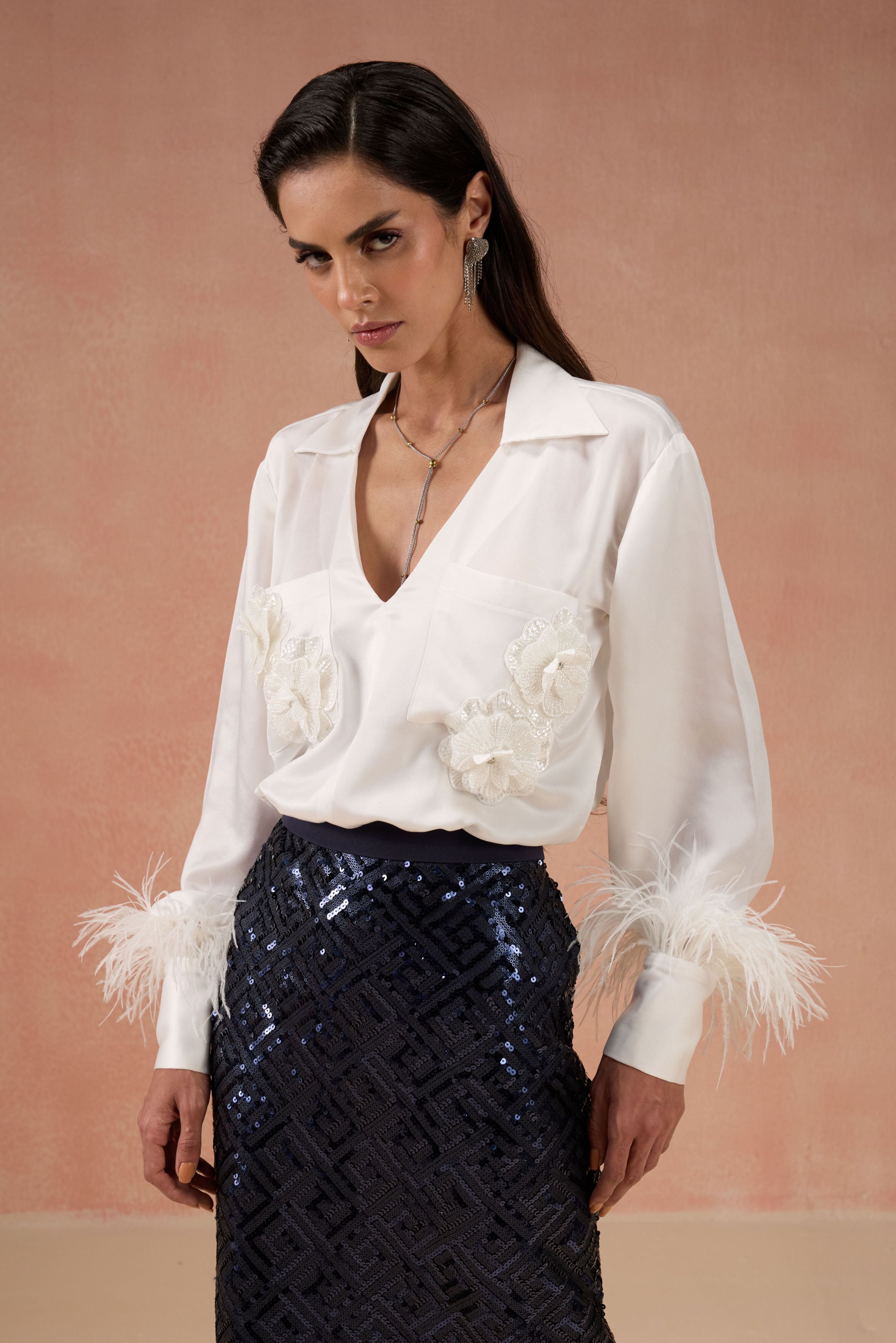 IVORY AND NAVY BLUE SKIRT SET