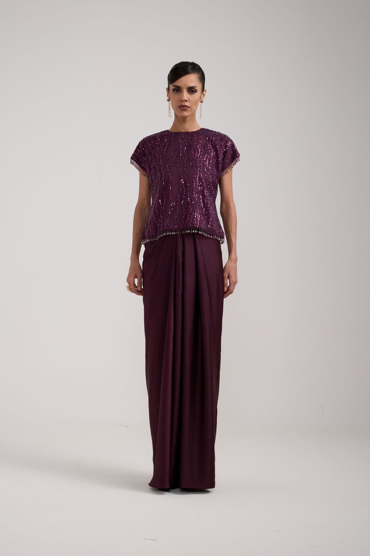 WINE SEQUIN DRAPED SKIRT SET