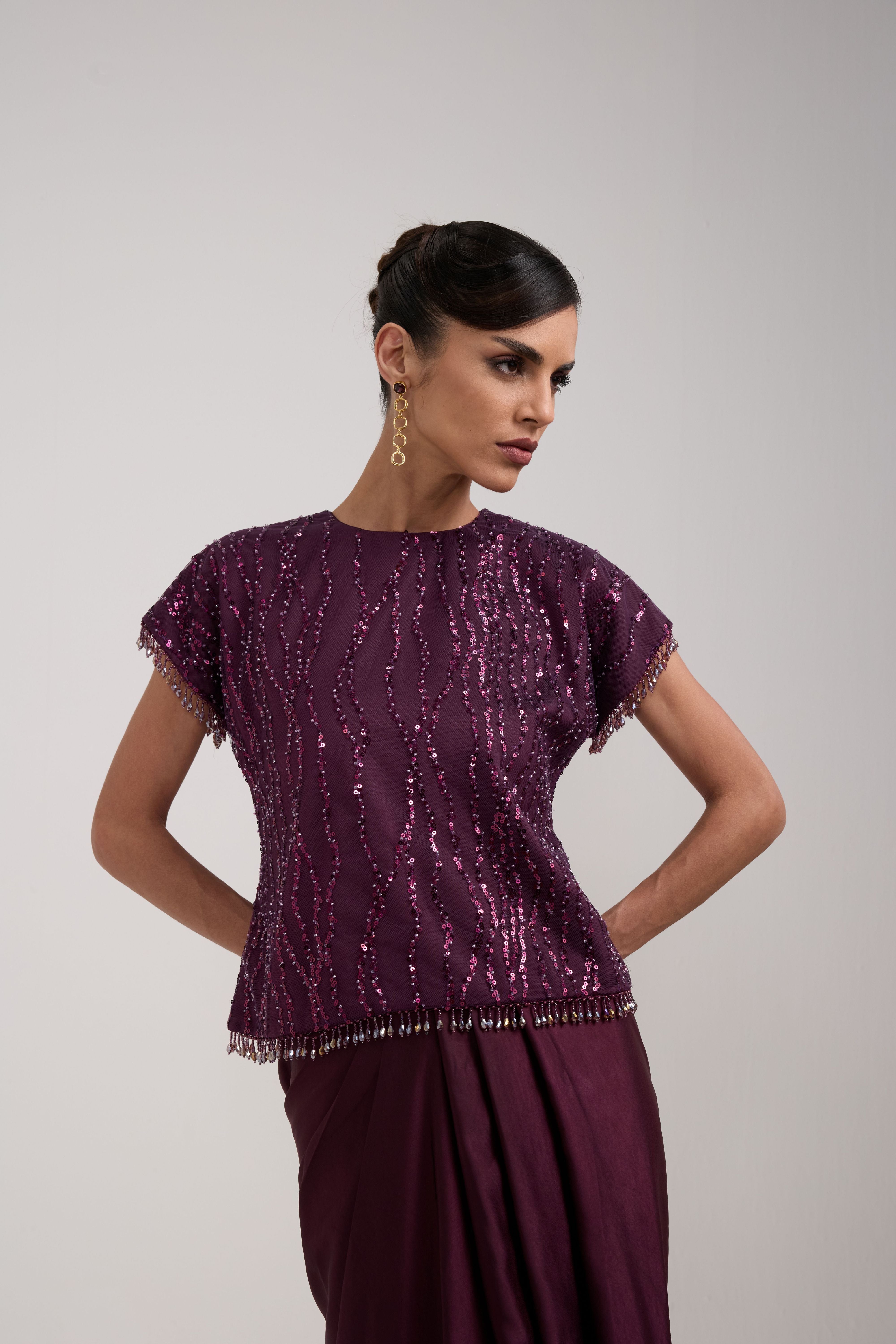 WINE SEQUIN DRAPED SKIRT SET
