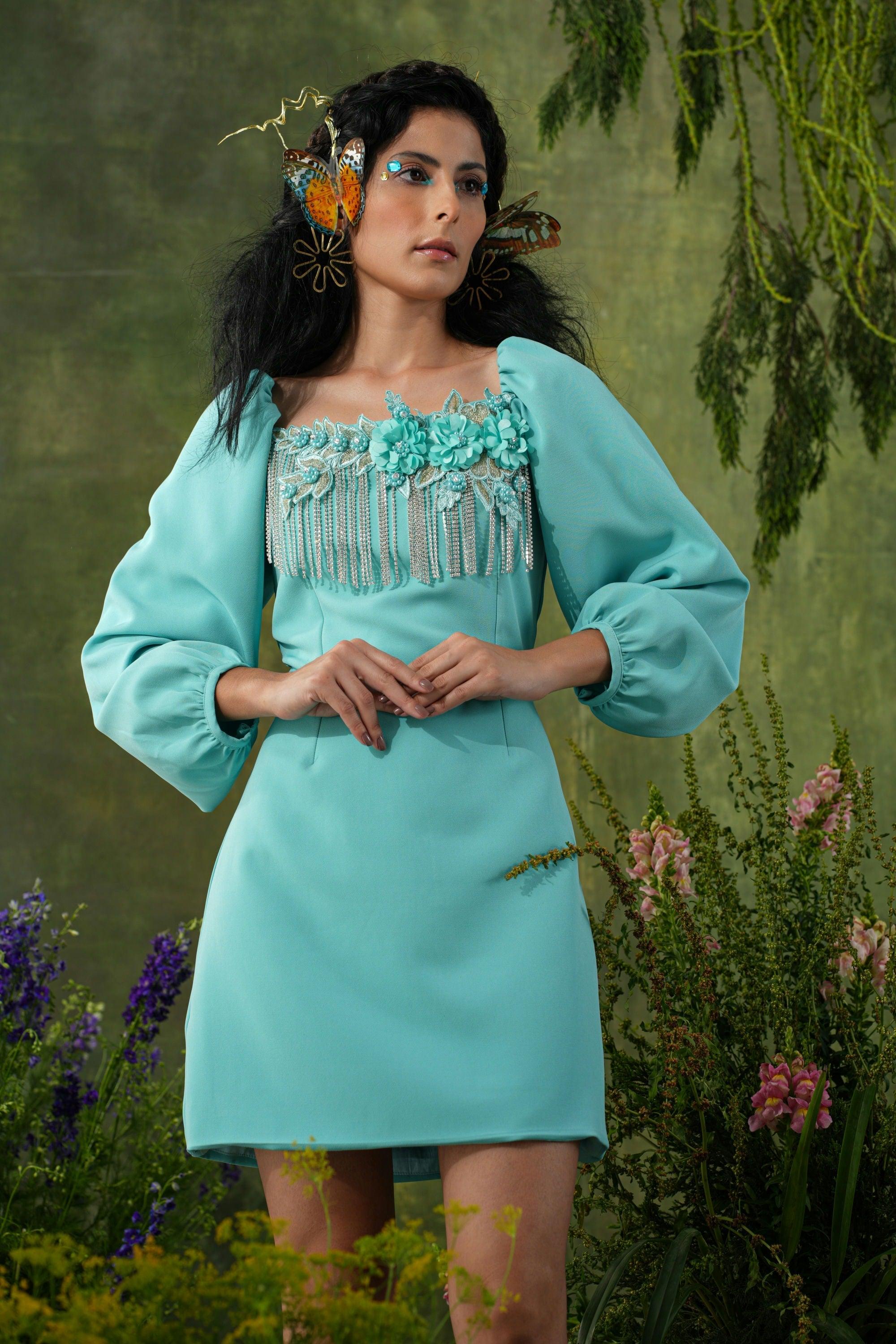 CYAN EMBELLISHED DRESS - SALE
