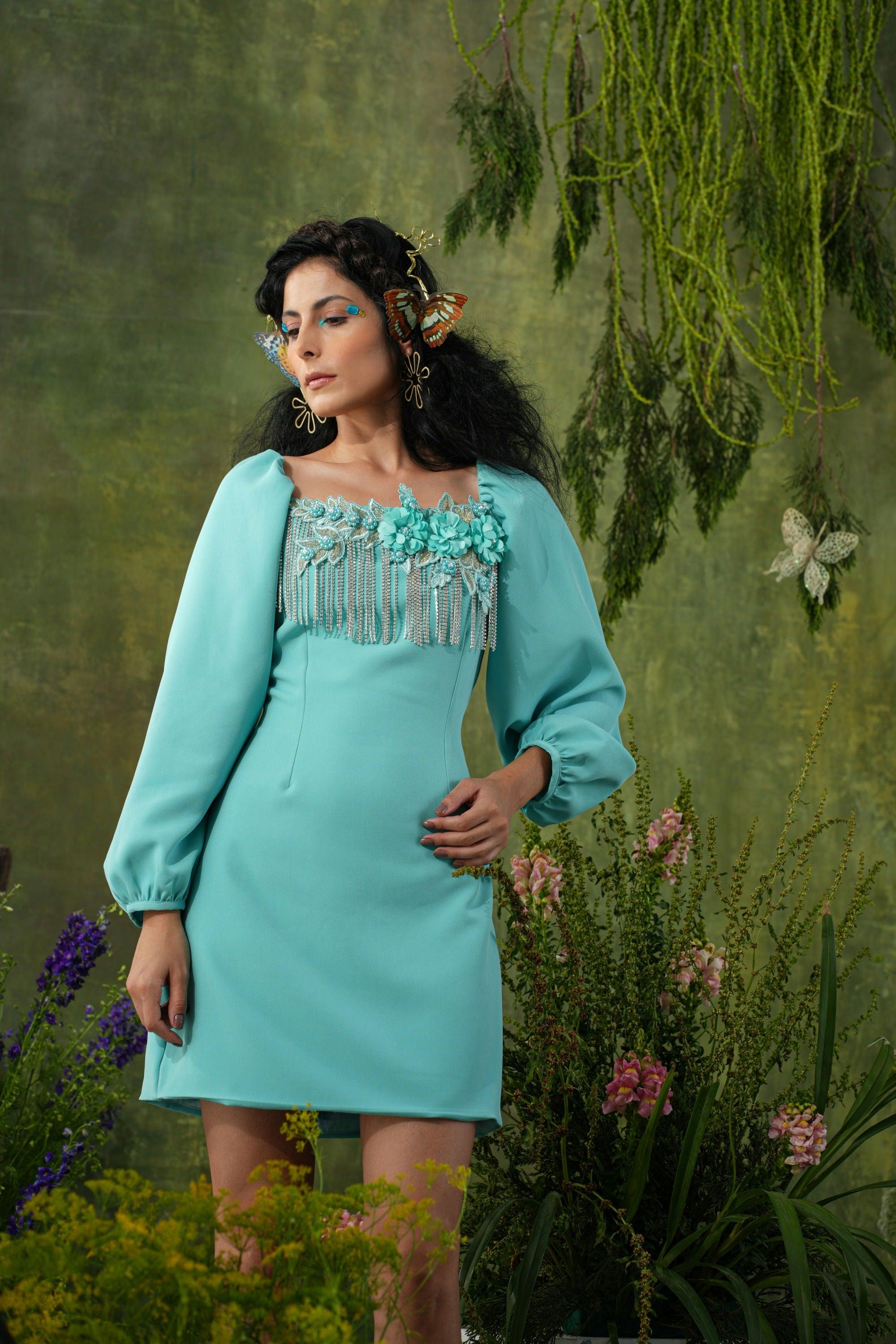 CYAN EMBELLISHED DRESS - SALE