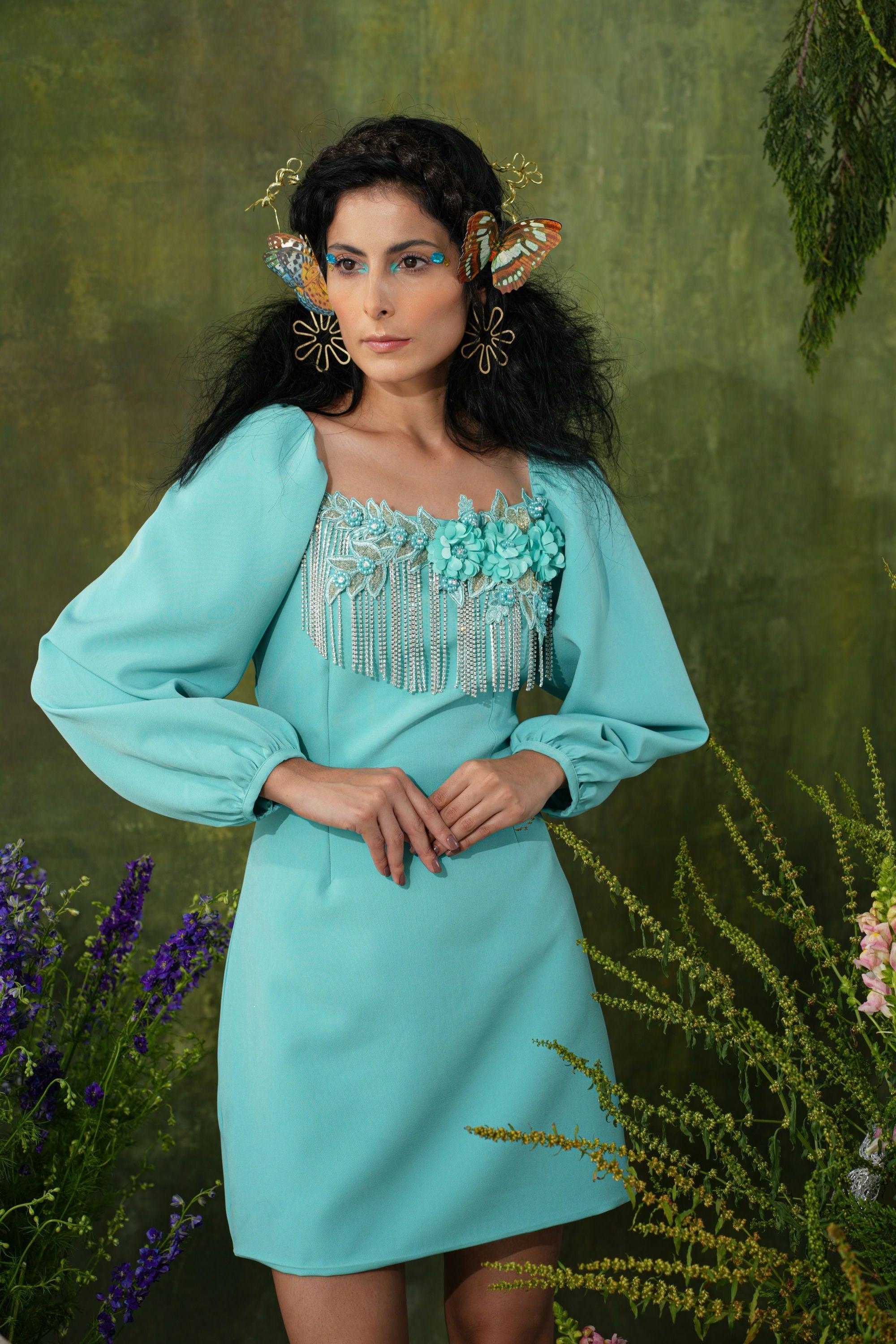 CYAN EMBELLISHED DRESS - SALE