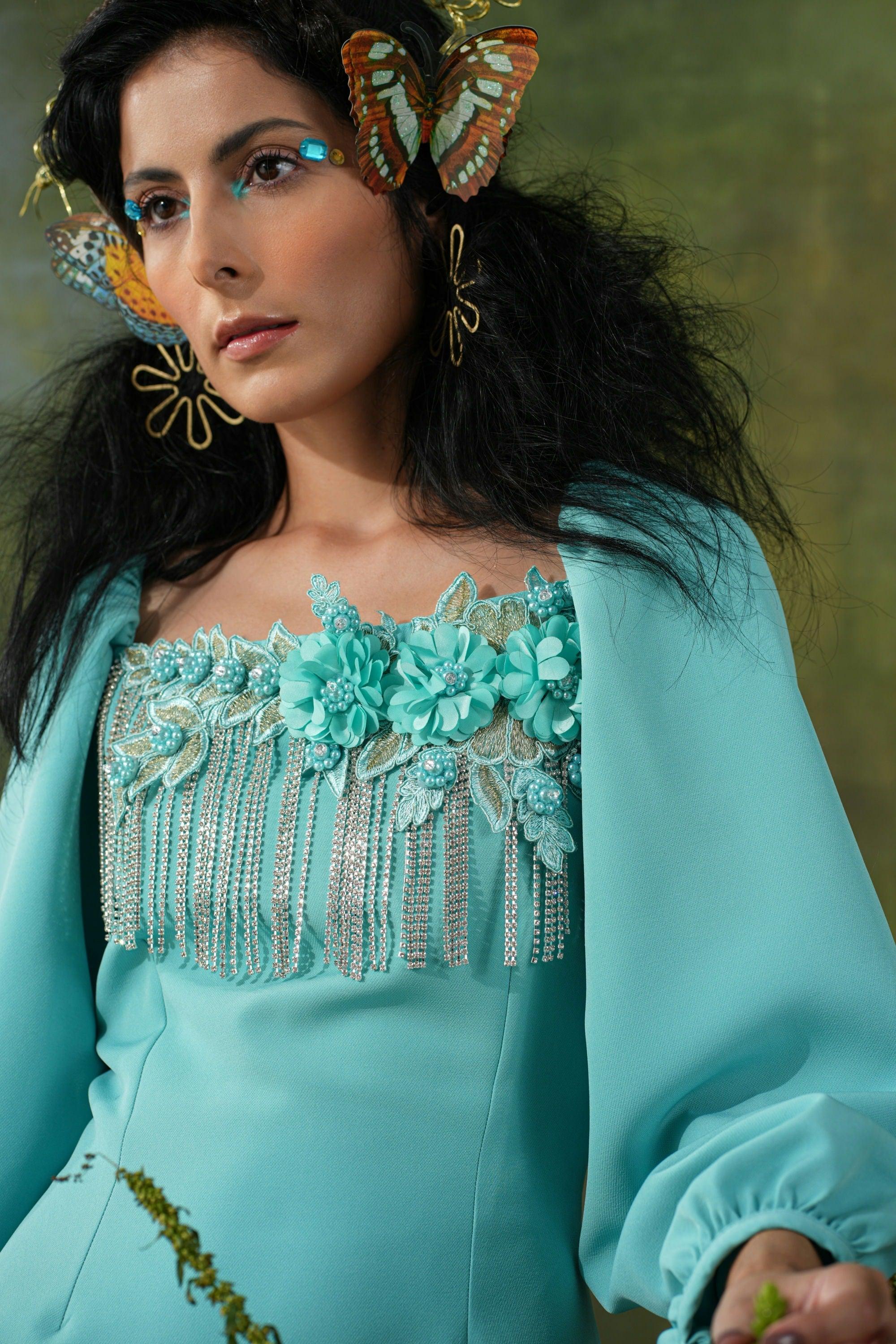CYAN EMBELLISHED DRESS - SALE