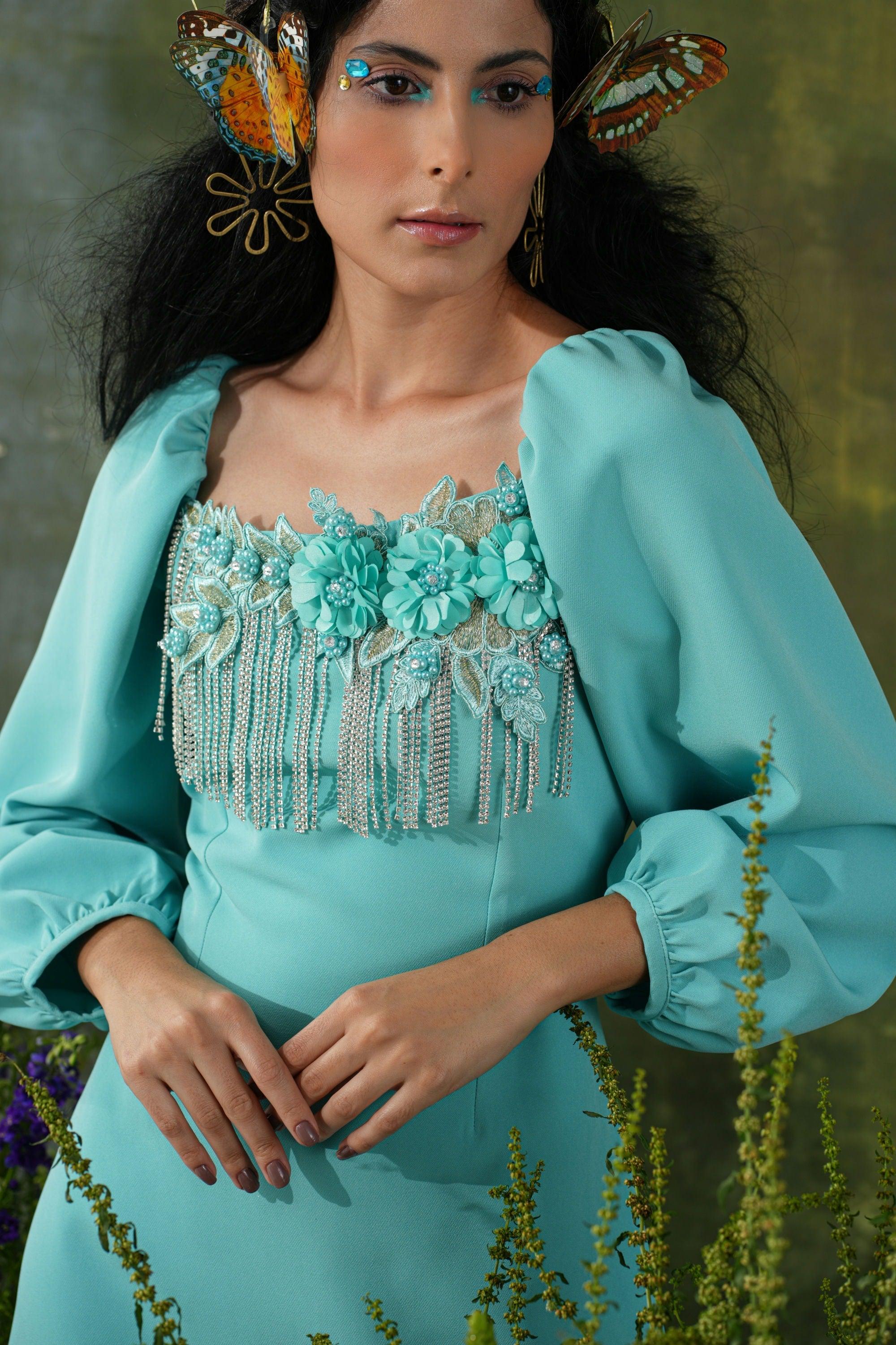 CYAN EMBELLISHED DRESS - SALE