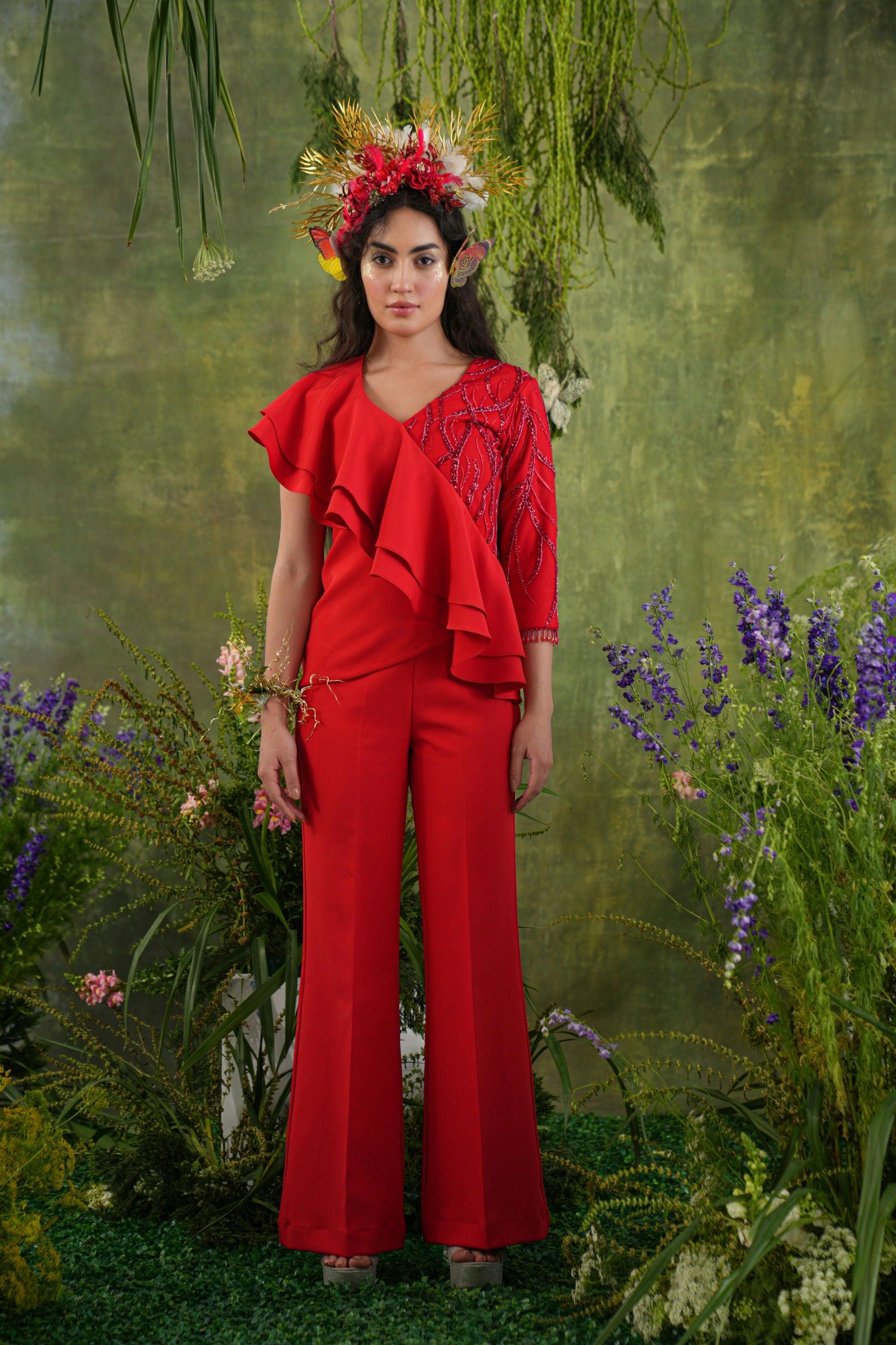 RED EMBELLISHED RUFFLE CO-ORD SET - SALE
