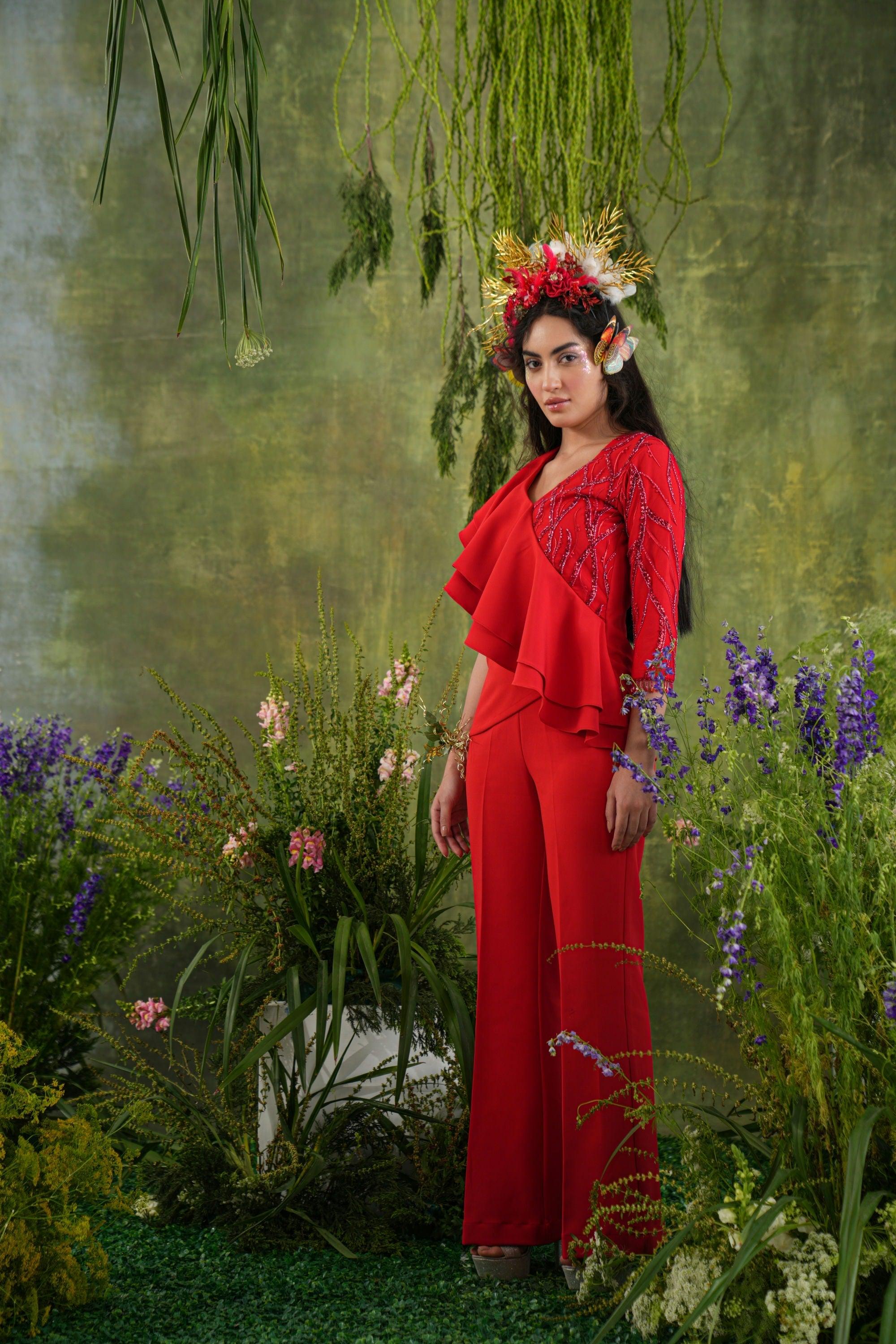 RED EMBELLISHED RUFFLE CO-ORD SET - SALE