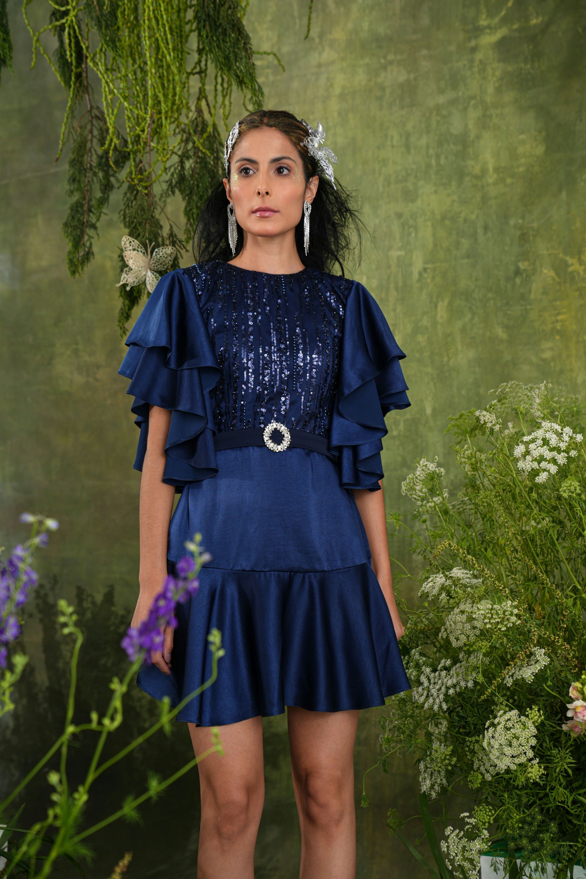 NAVY SEQUIN RUFFLE SLEEVE DRESS - SALE