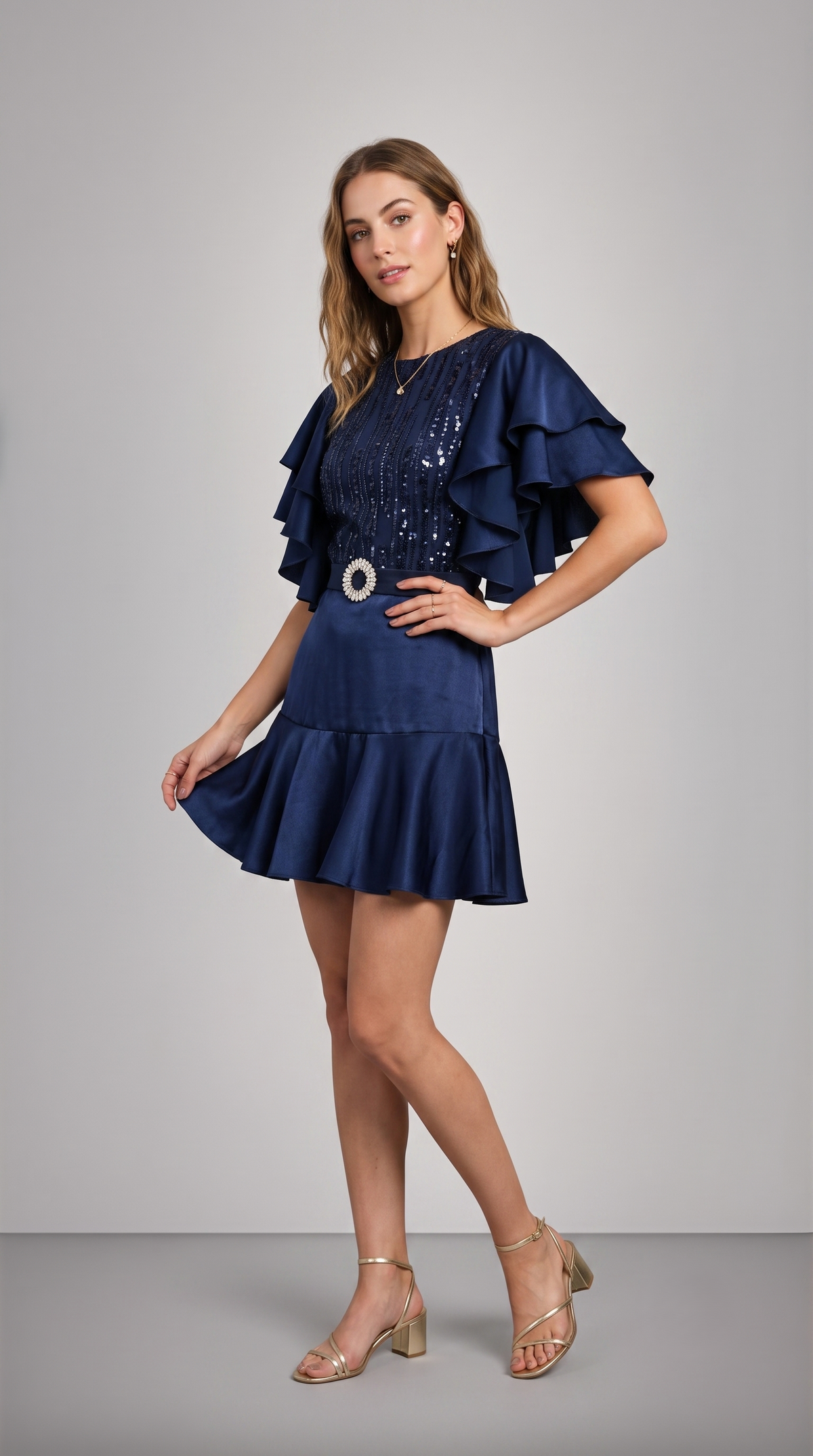 NAVY SEQUIN RUFFLE SLEEVE DRESS - SALE