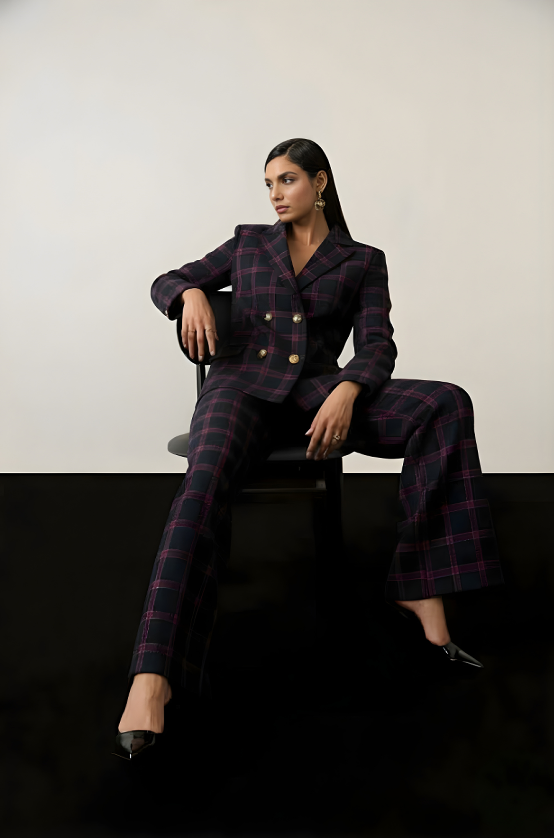 NAVY CHECKERED BLAZER SET