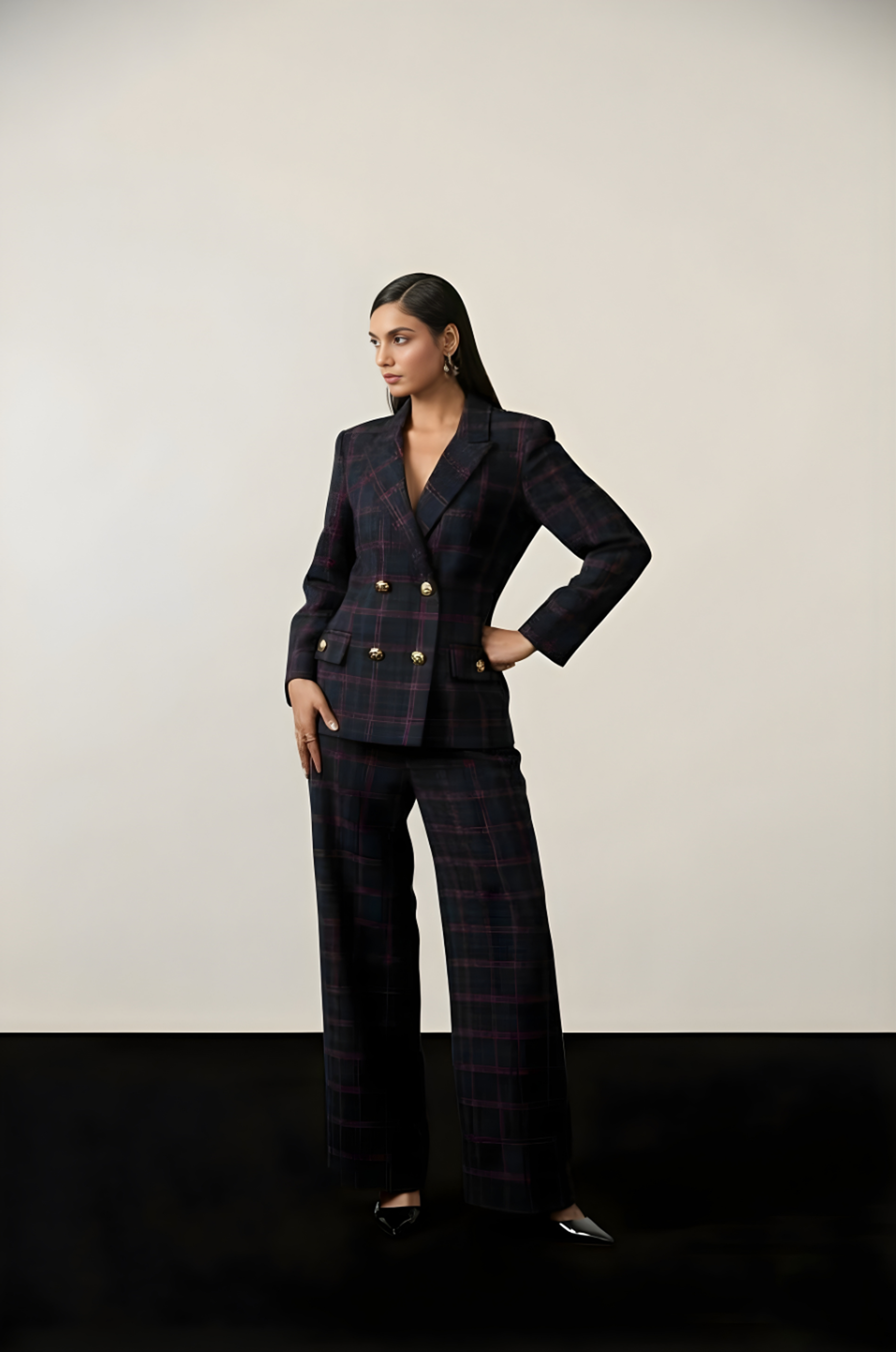 NAVY CHECKERED BLAZER SET