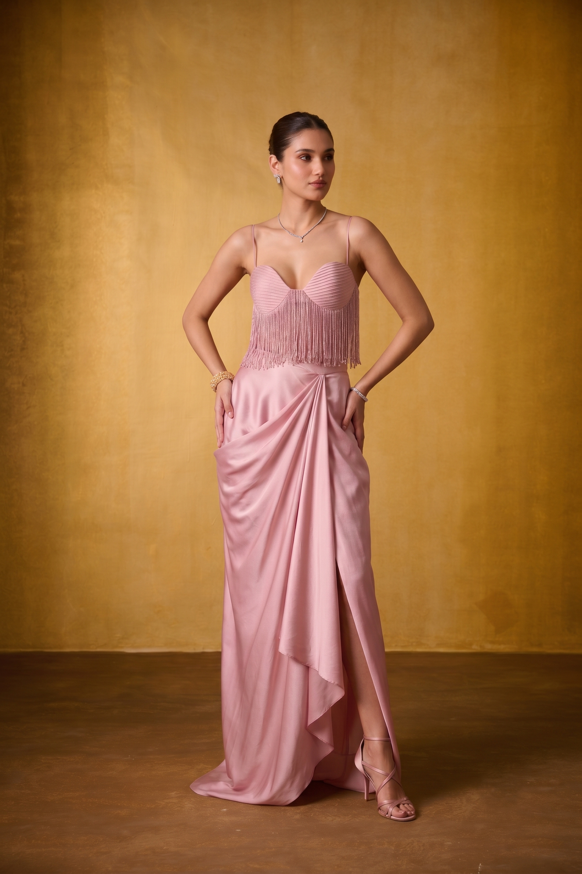 BLUSH PINK DRAPED SKIRT SET