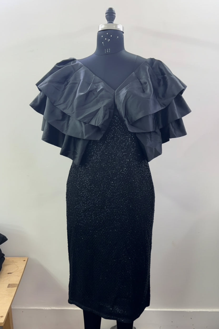 BLACK SEQUIN SATIN RUFFLE MIDI - SALE
