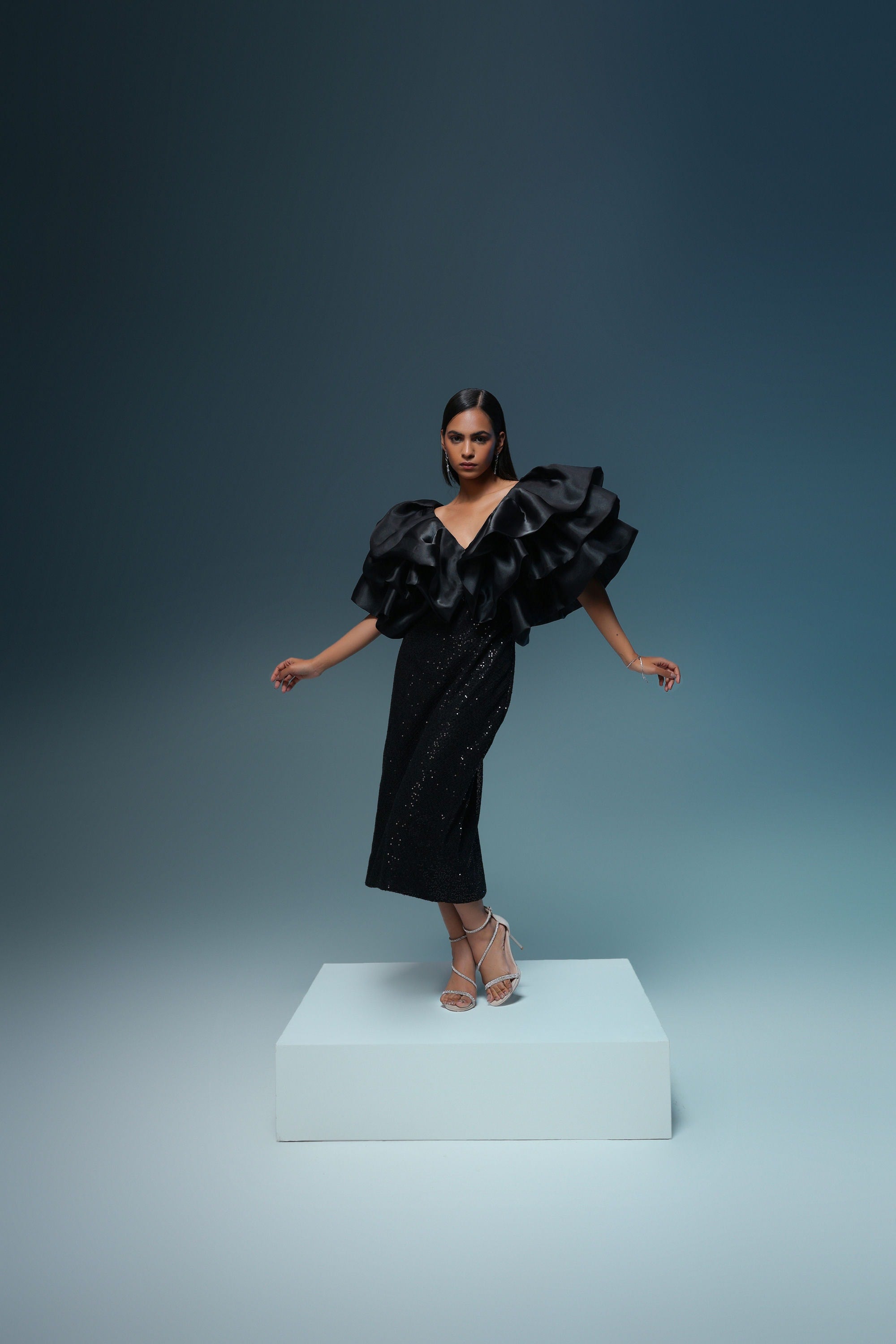 BLACK ORGANZA SEQUIN MIDI DRESS