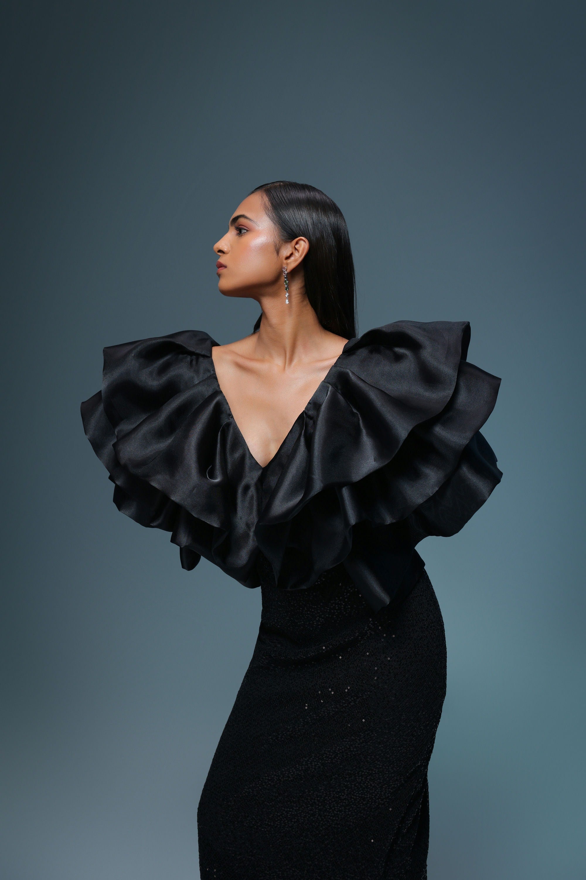 BLACK ORGANZA SEQUIN MIDI DRESS