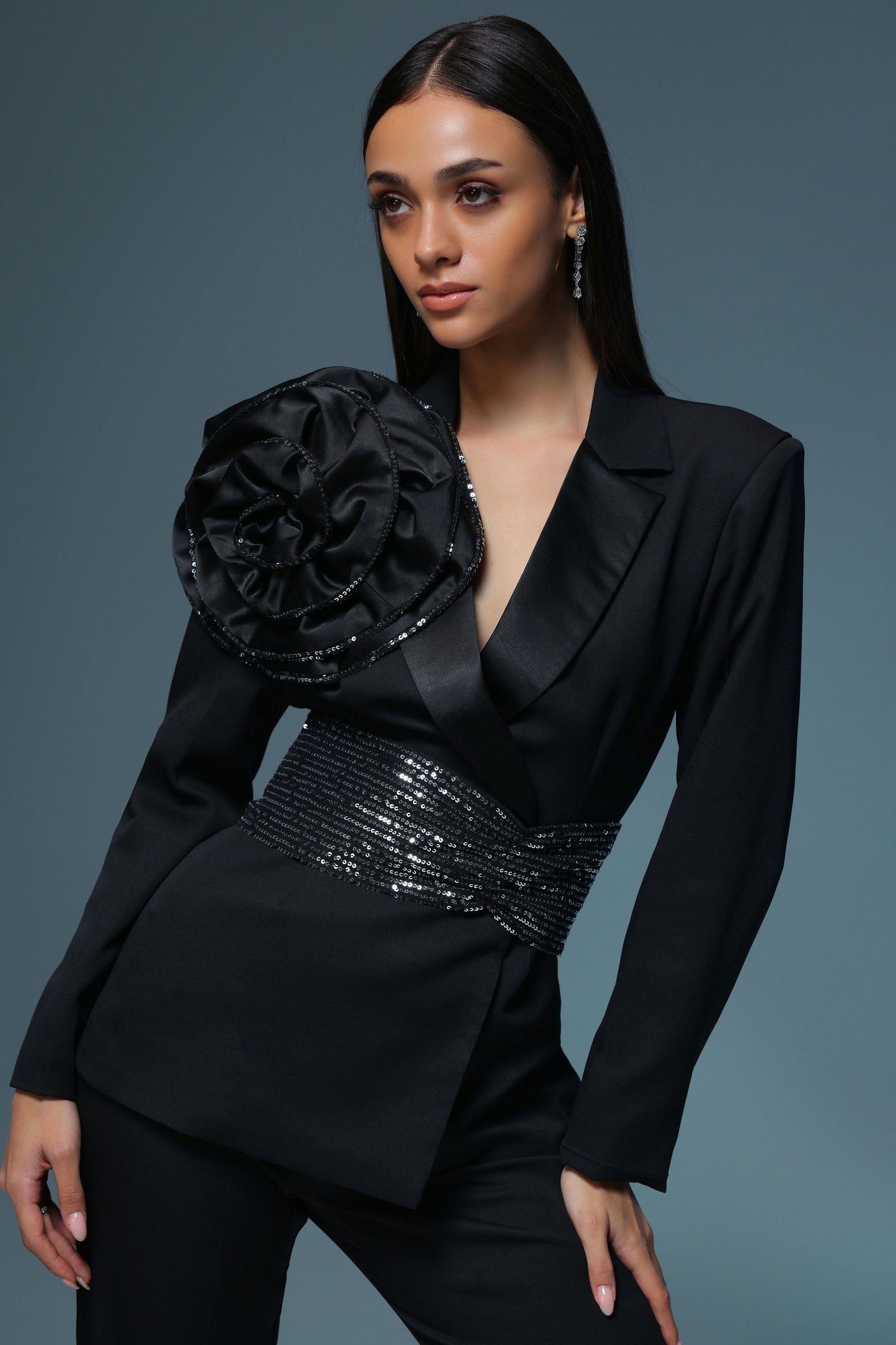 BLACK SEQUIN ROSETTE BLAZER SET
