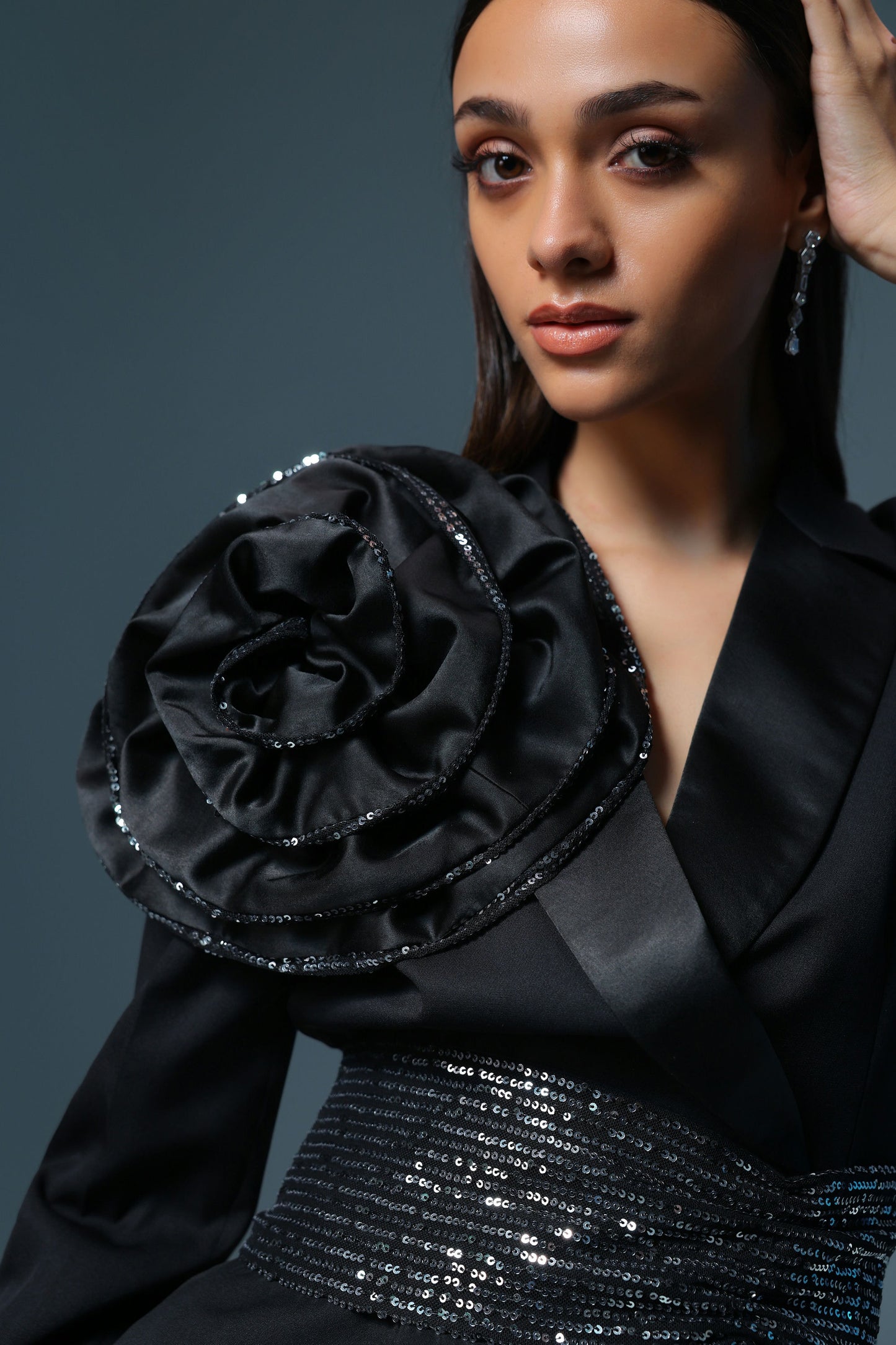 BLACK SEQUIN ROSETTE BLAZER SET