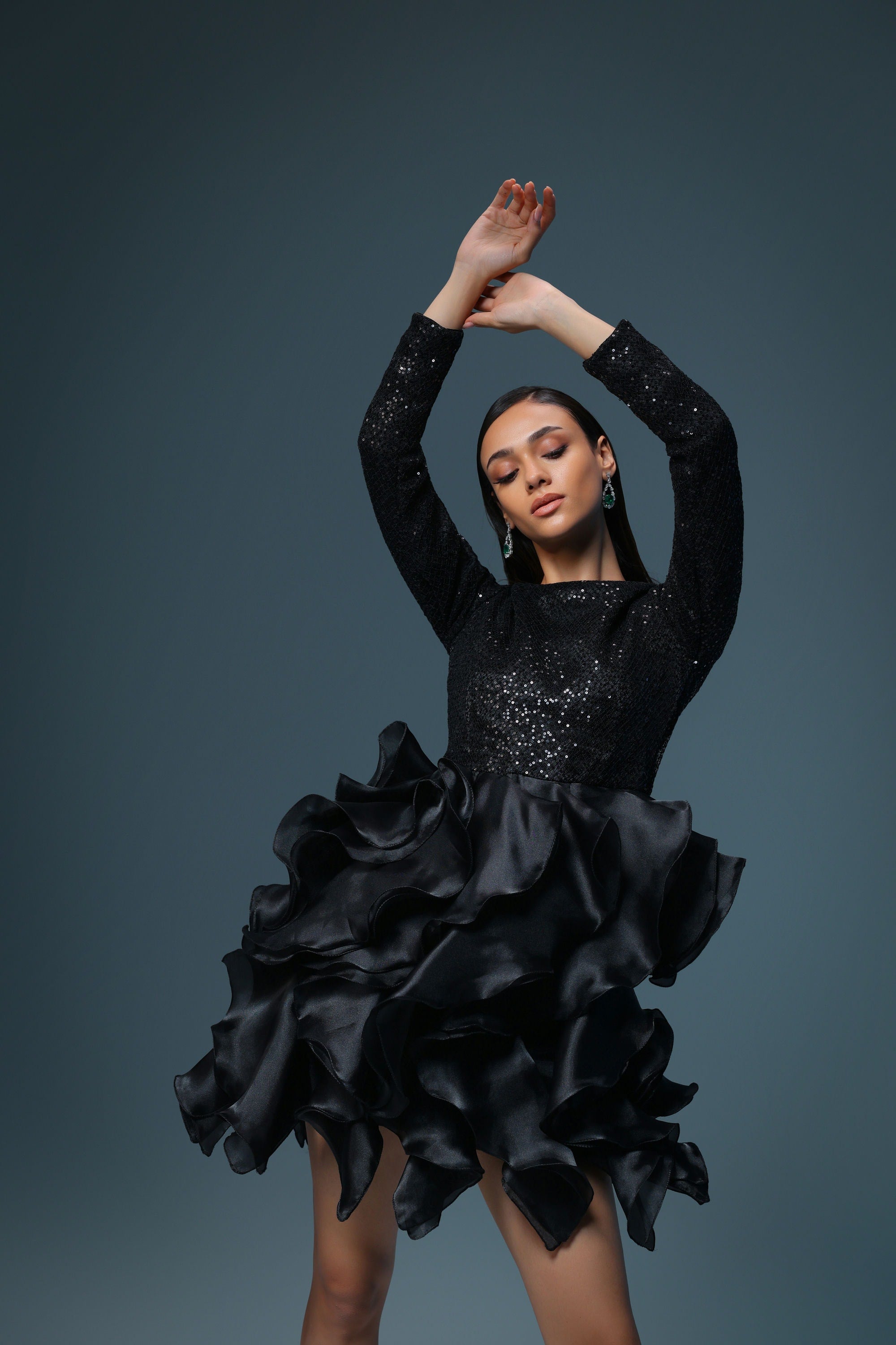 BLACK SEQUIN ORGANZA RUFFLE DRESS