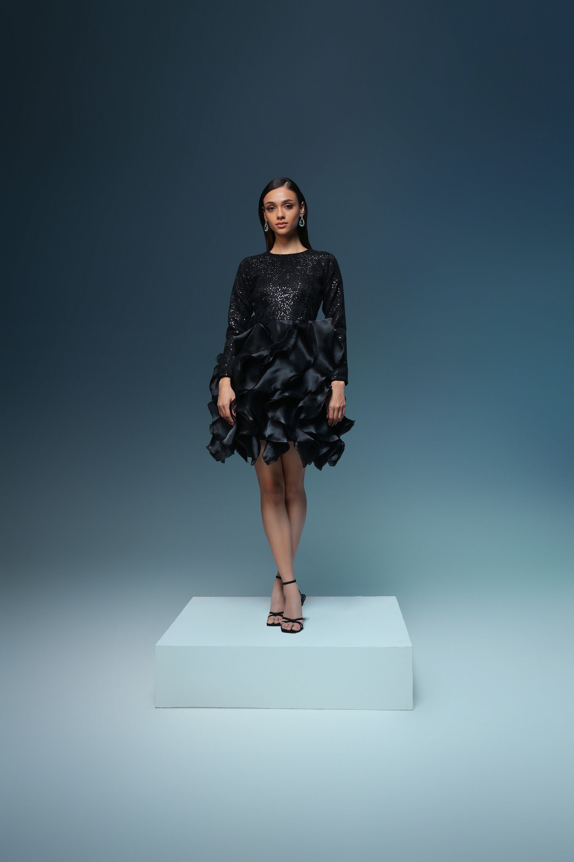 BLACK SEQUIN ORGANZA RUFFLE DRESS